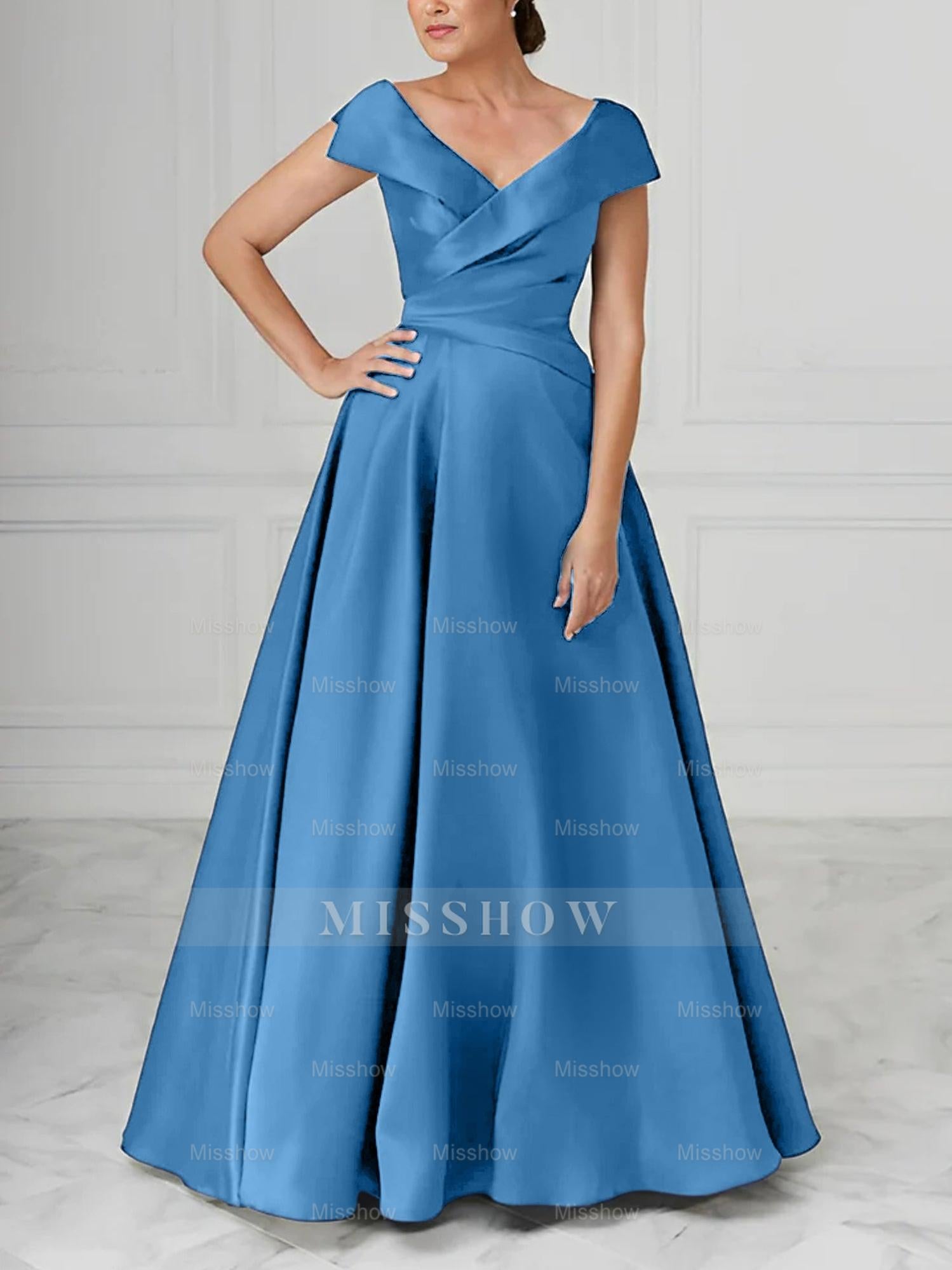 V-Neck Satin A-Line Mother of the Bride Dresses with Ruched Princess Details