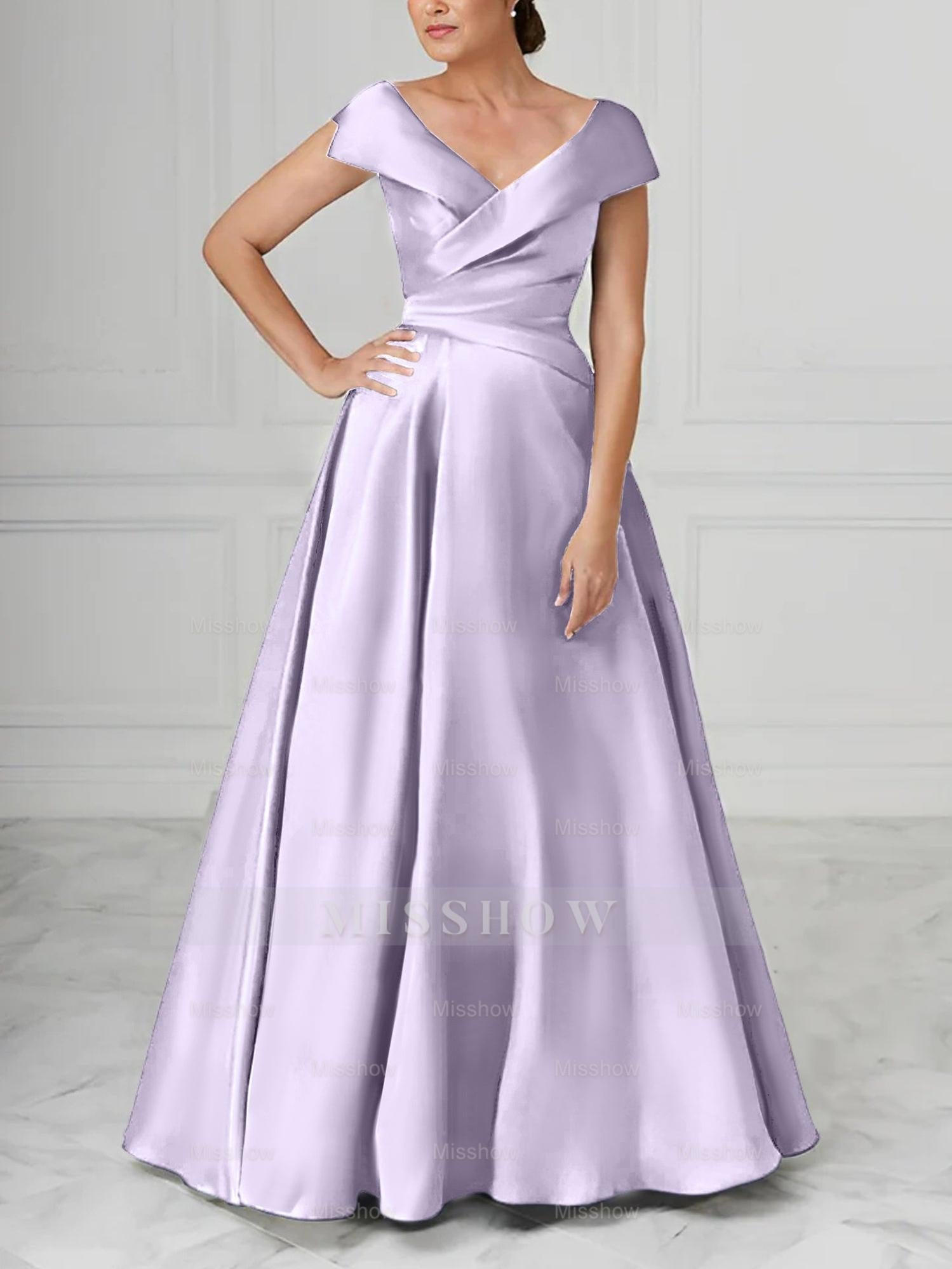 V-Neck Satin A-Line Mother of the Bride Dresses with Ruched Princess Details