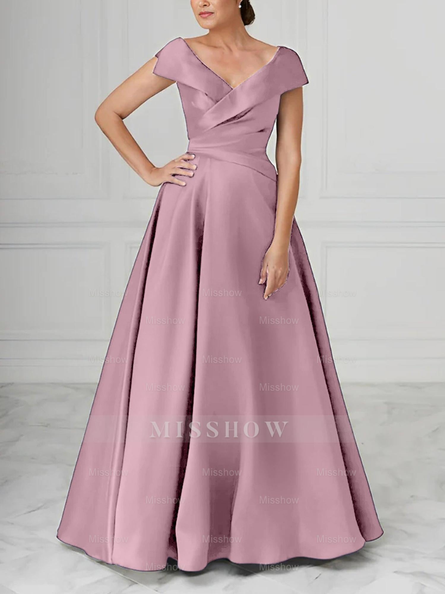 V-Neck Satin A-Line Mother of the Bride Dresses with Ruched Princess Details