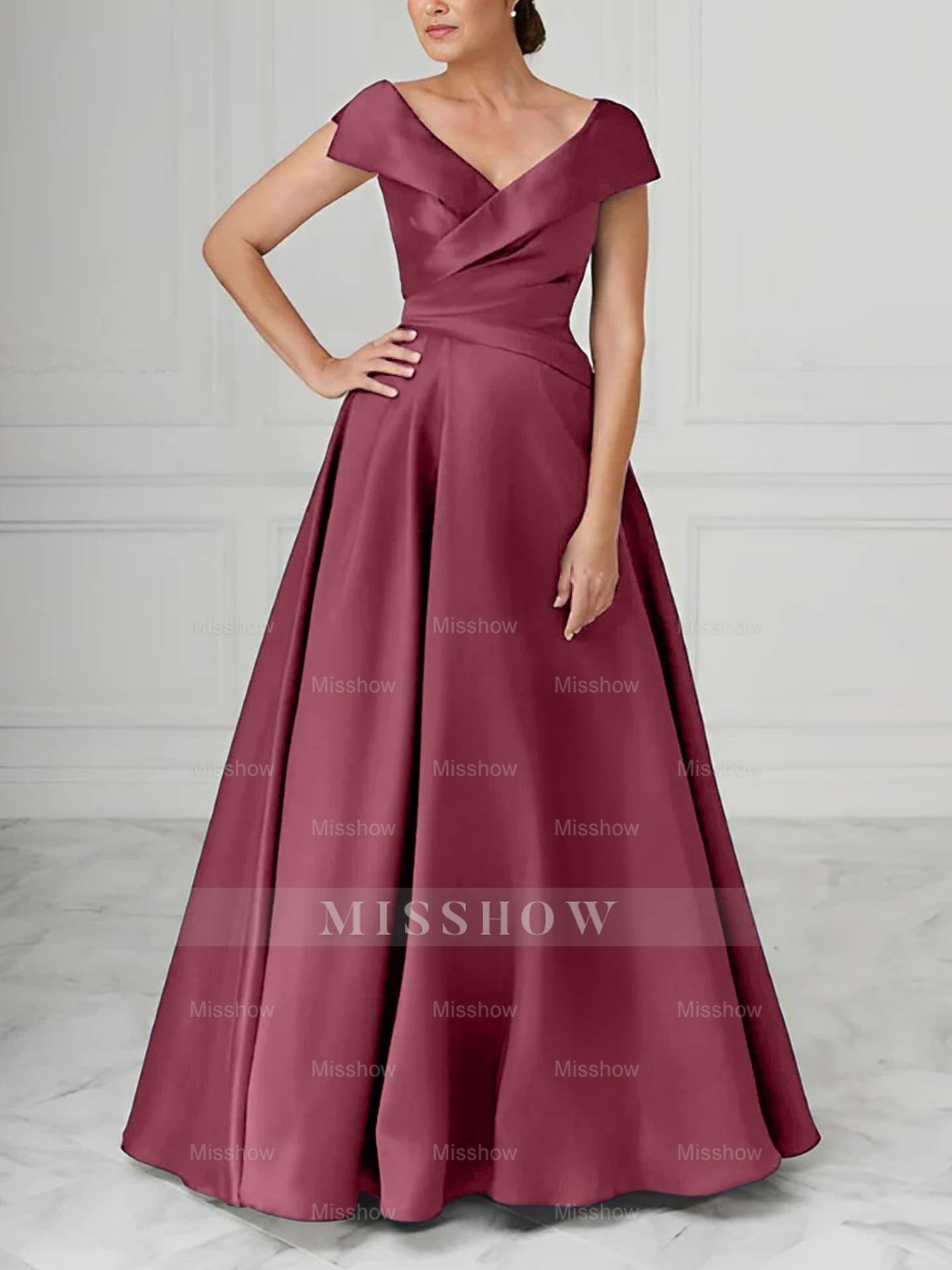V-Neck Satin A-Line Mother of the Bride Dresses with Ruched Princess Details