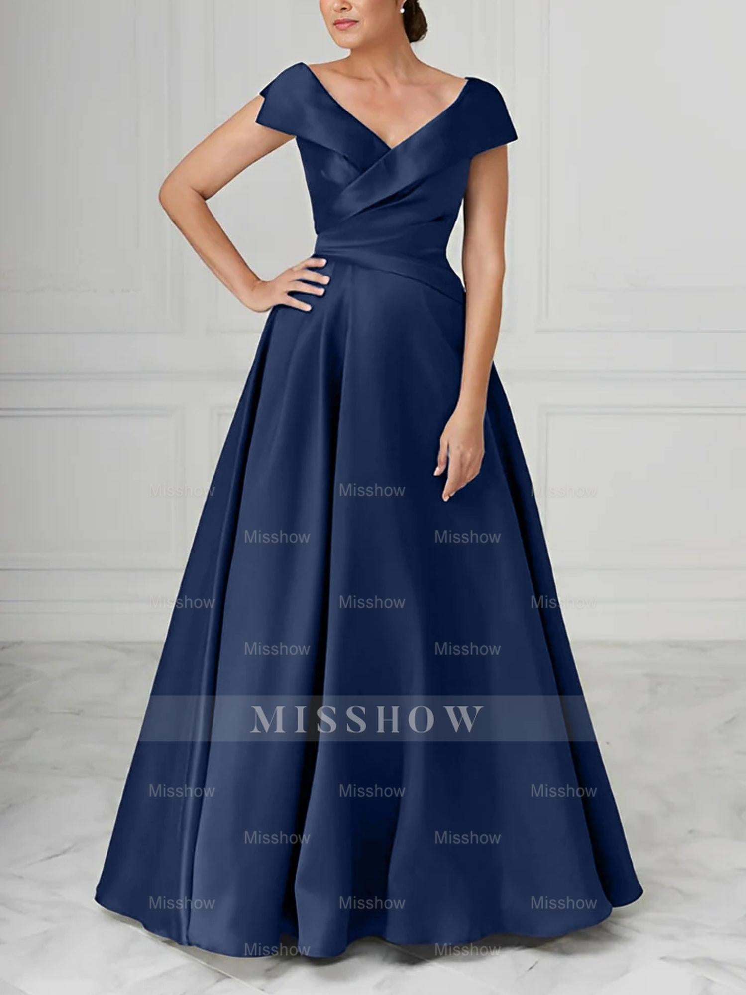 V-Neck Satin A-Line Mother of the Bride Dresses with Ruched Princess Details