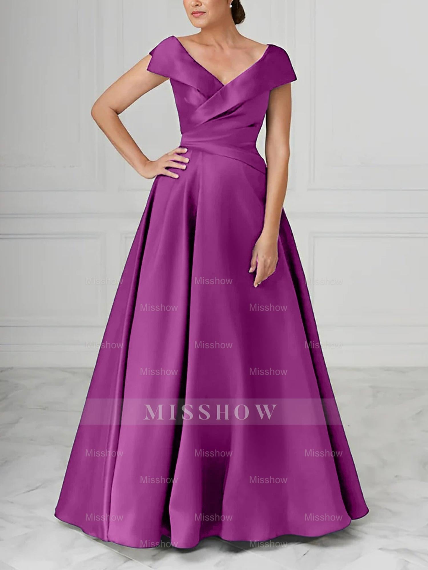 V-Neck Satin A-Line Mother of the Bride Dresses with Ruched Princess Details