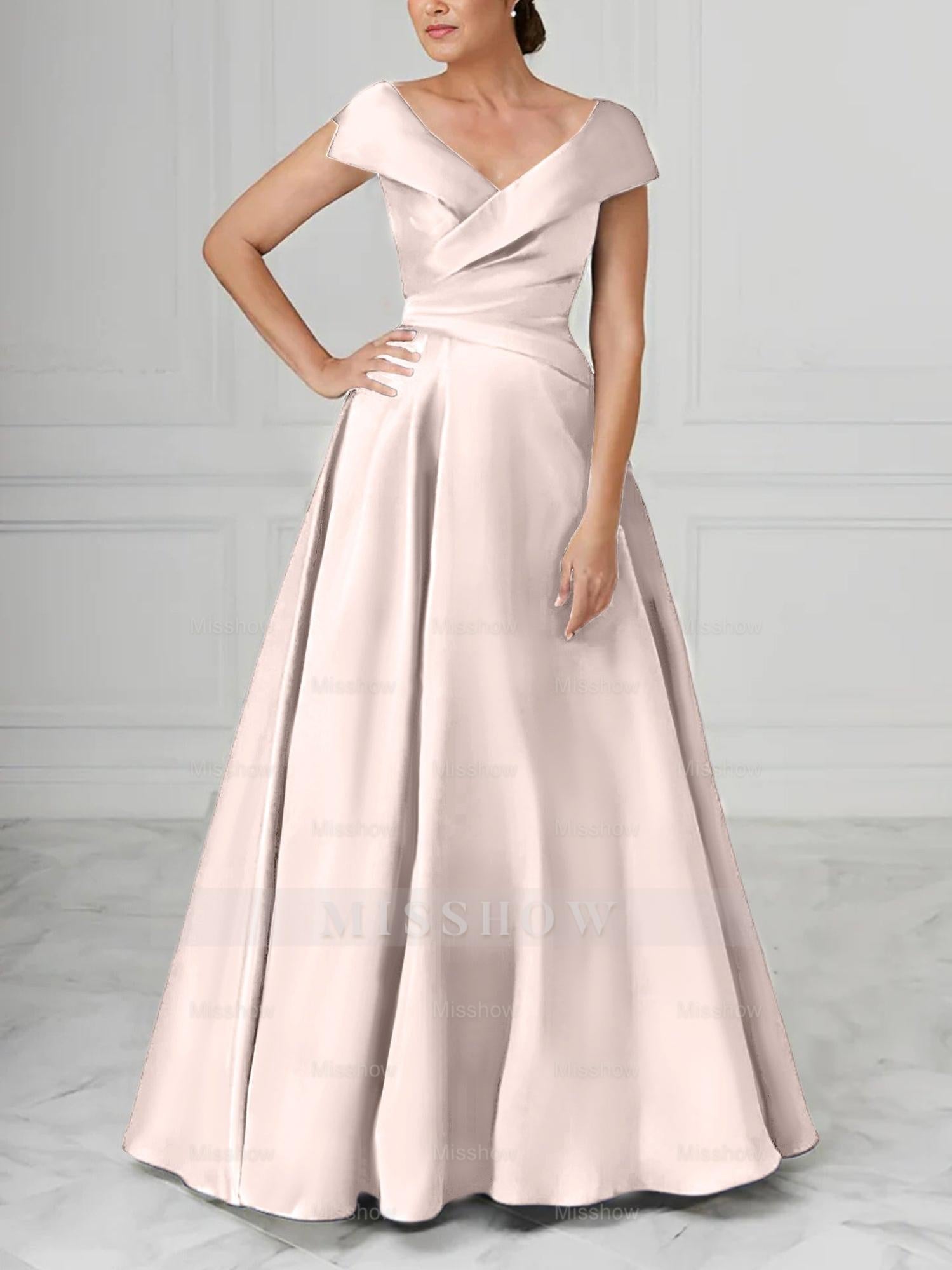 V-Neck Satin A-Line Mother of the Bride Dresses with Ruched Princess Details