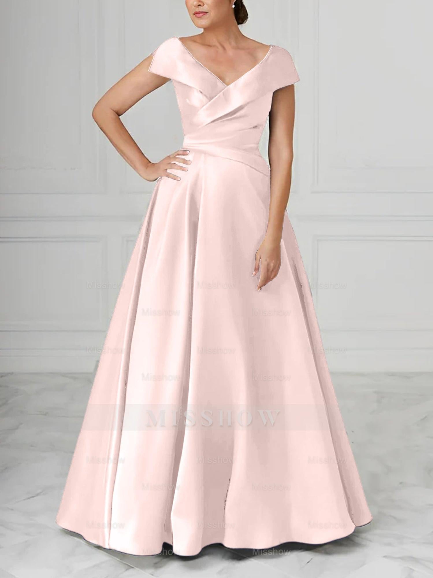 V-Neck Satin A-Line Mother of the Bride Dresses with Ruched Princess Details