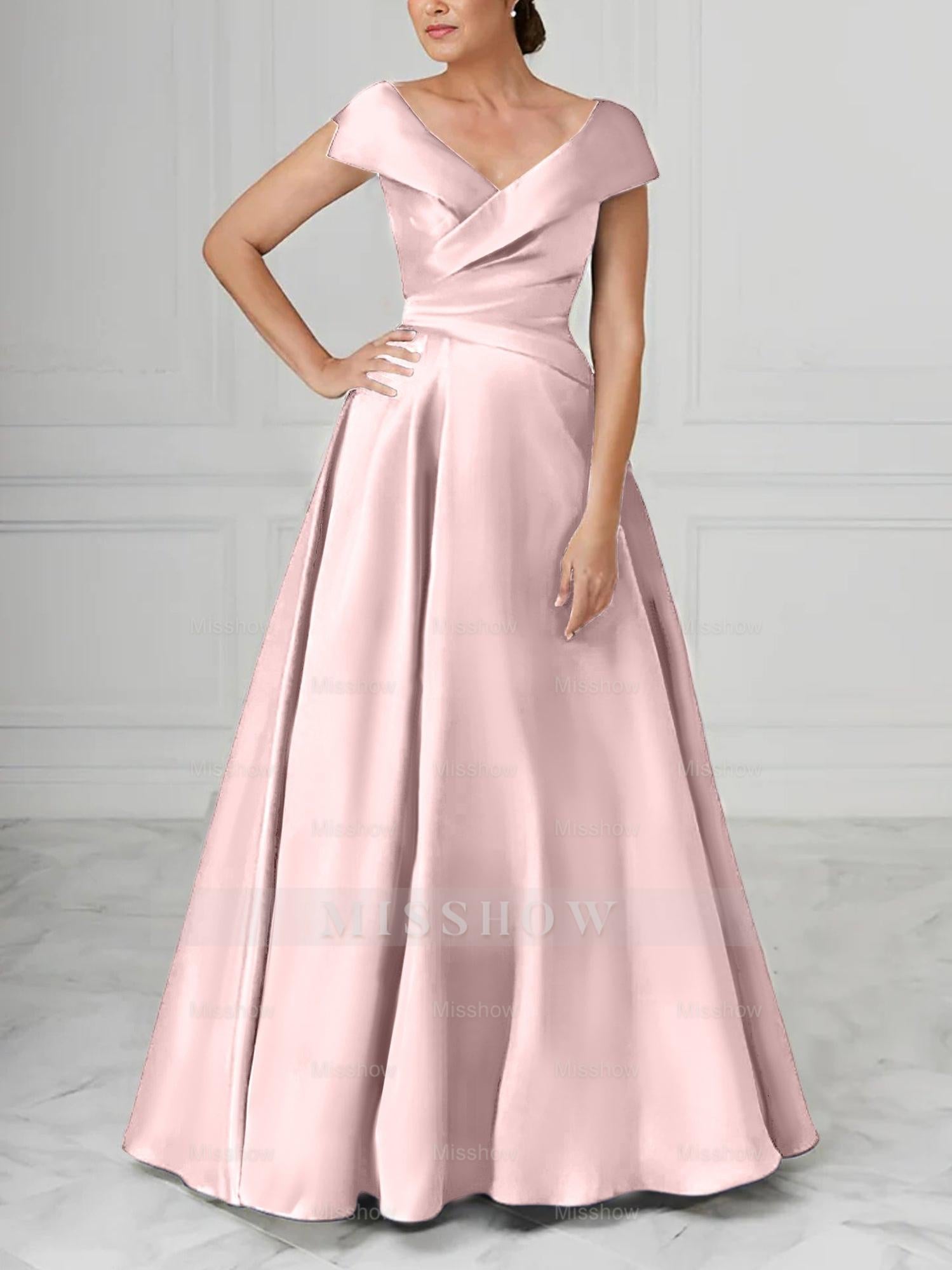 V-Neck Satin A-Line Mother of the Bride Dresses with Ruched Princess Details