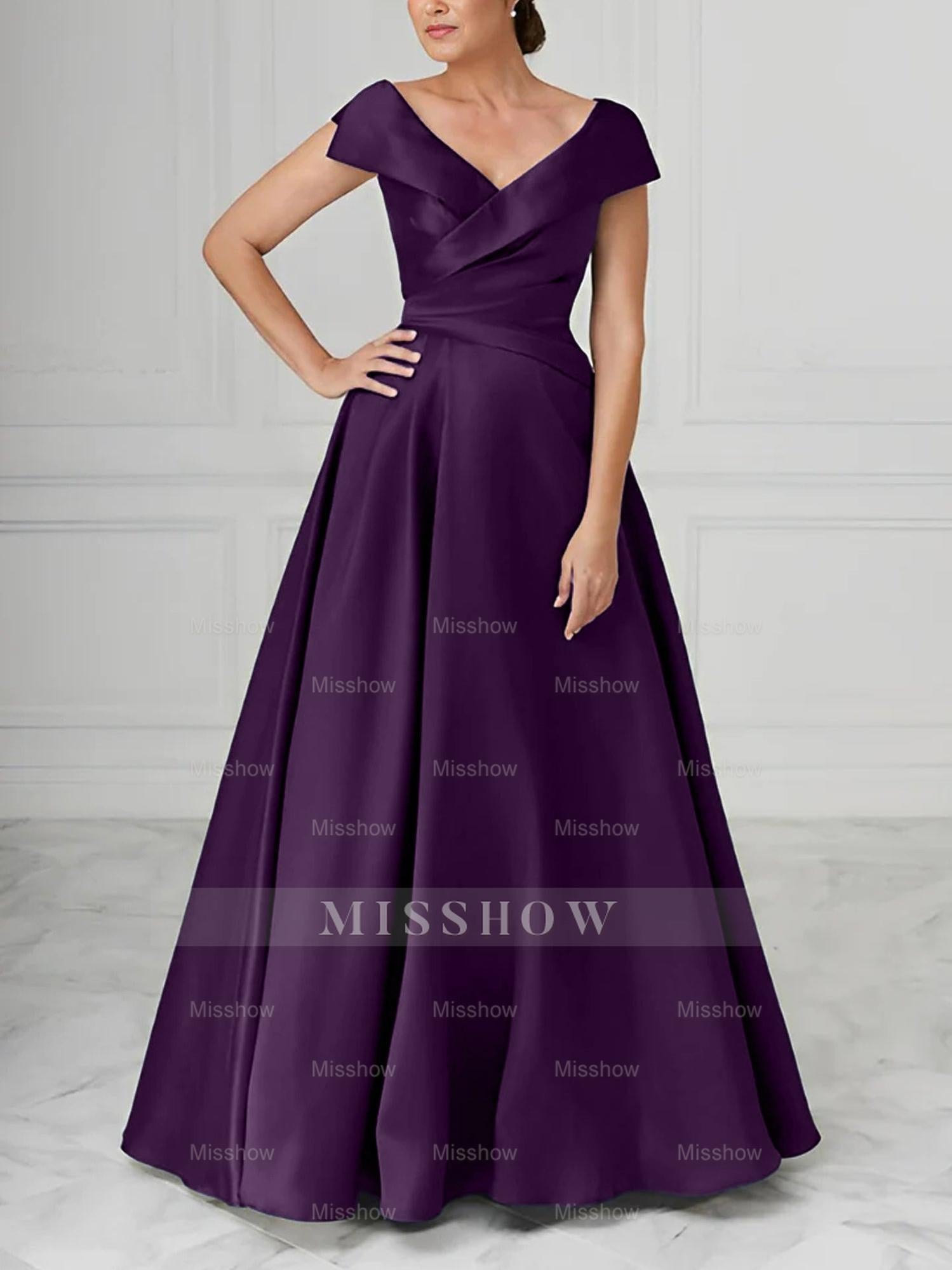 V-Neck Satin A-Line Mother of the Bride Dresses with Ruched Princess Details