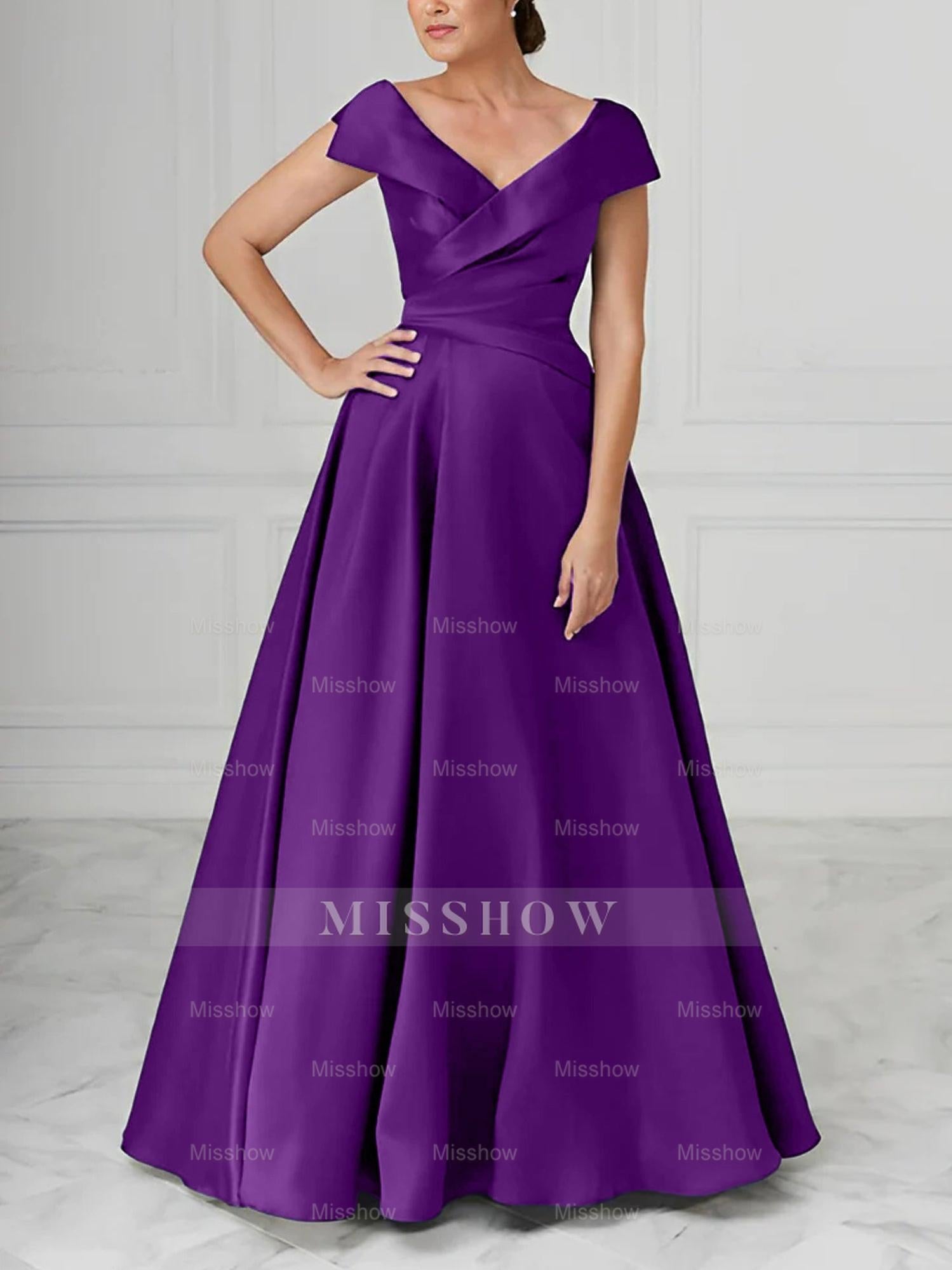 V-Neck Satin A-Line Mother of the Bride Dresses with Ruched Princess Details