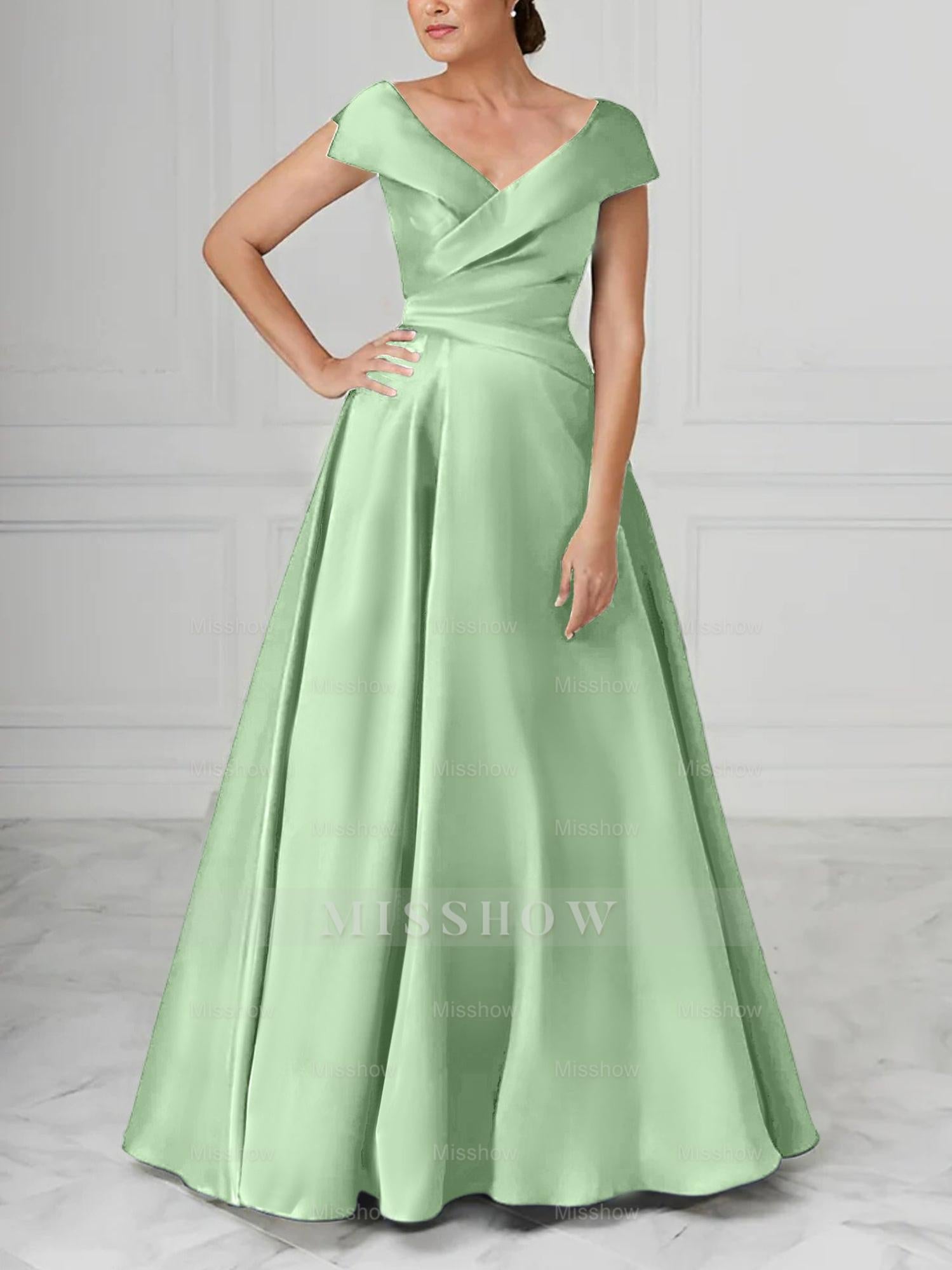 V-Neck Satin A-Line Mother of the Bride Dresses with Ruched Princess Details