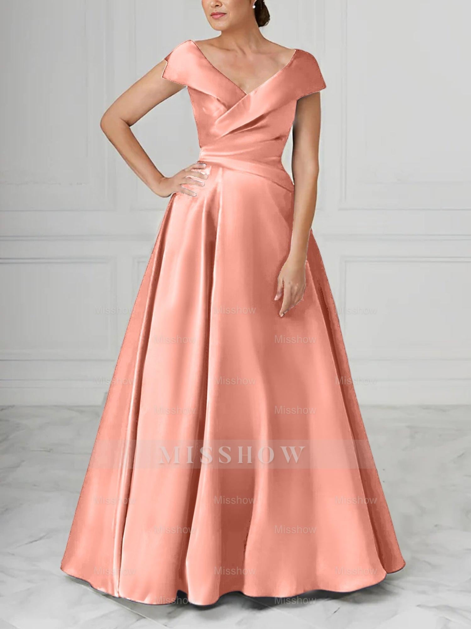 V-Neck Satin A-Line Mother of the Bride Dresses with Ruched Princess Details