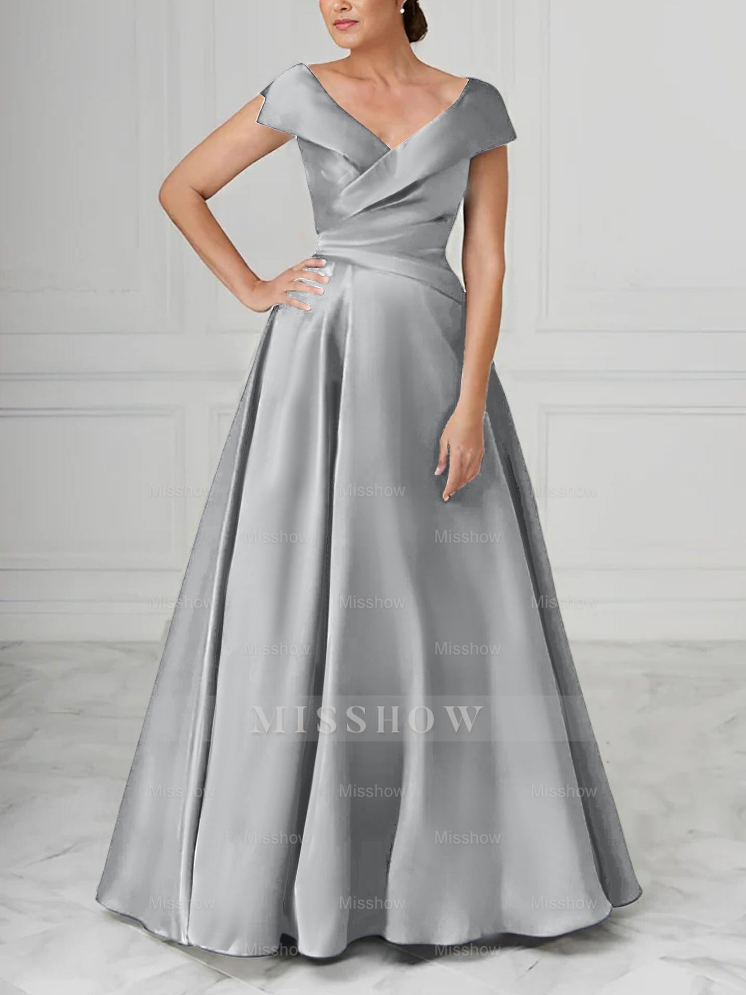 V-Neck Satin A-Line Mother of the Bride Dresses with Ruched Princess Details