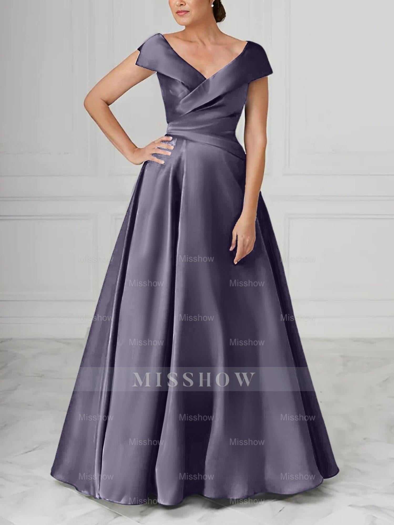 V-Neck Satin A-Line Mother of the Bride Dresses with Ruched Princess Details