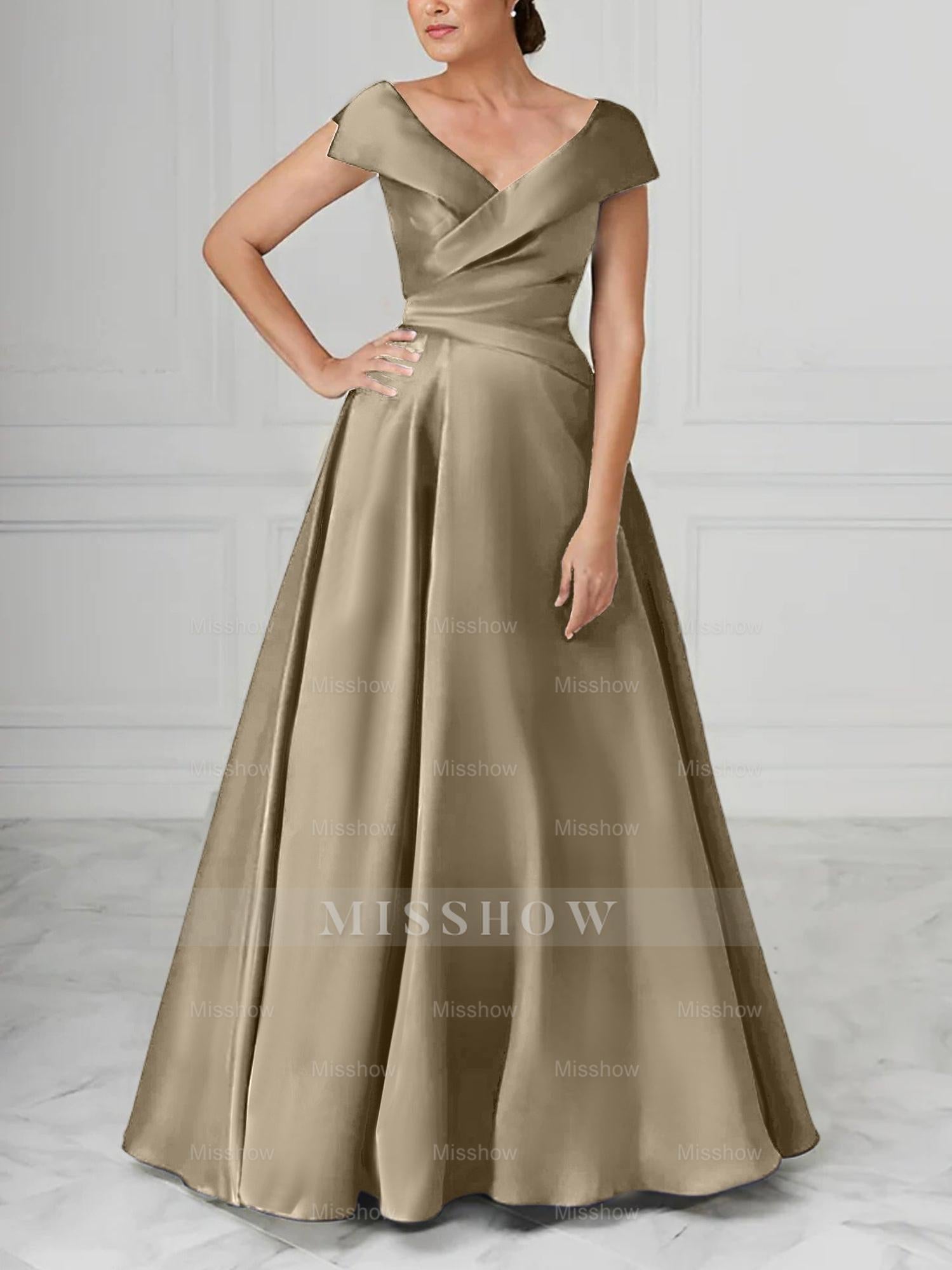 V-Neck Satin A-Line Mother of the Bride Dresses with Ruched Princess Details