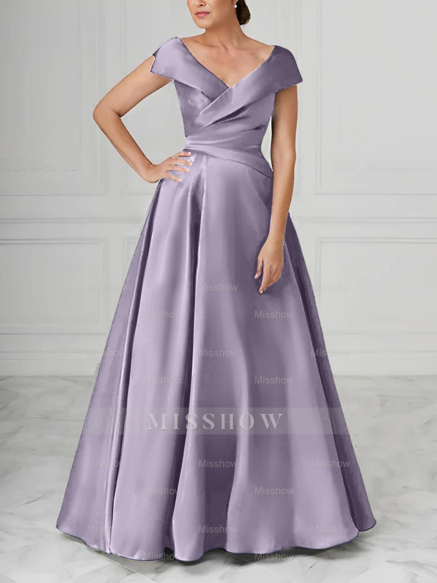 V-Neck Satin A-Line Mother of the Bride Dresses with Ruched Princess Details