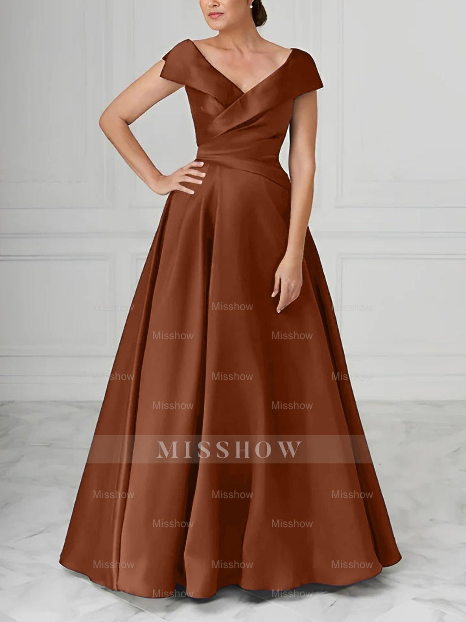 V-Neck Satin A-Line Mother of the Bride Dresses with Ruched Princess Details