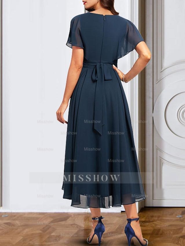 V-Neck Short Sleeve Chiffon Mother of the Bride A-Line Dress with Belt