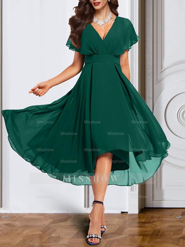V-Neck Short Sleeve Chiffon Mother of the Bride A-Line Dress with Belt