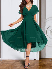 V-Neck Short Sleeve Chiffon Mother of the Bride A-Line Dress with Belt
