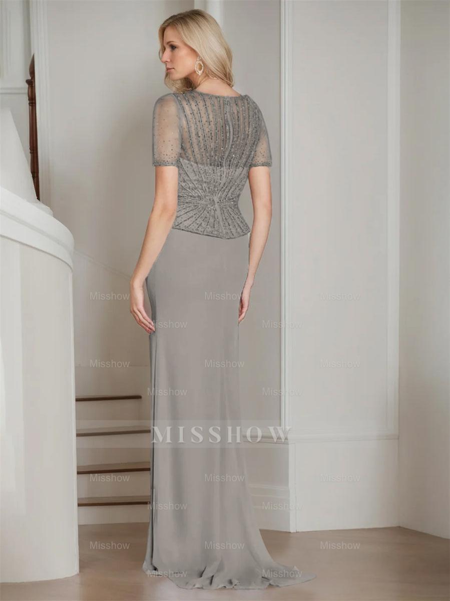 V-Neck Short Sleeve Floor-Length Sheath Dress for the Mother of the Bride