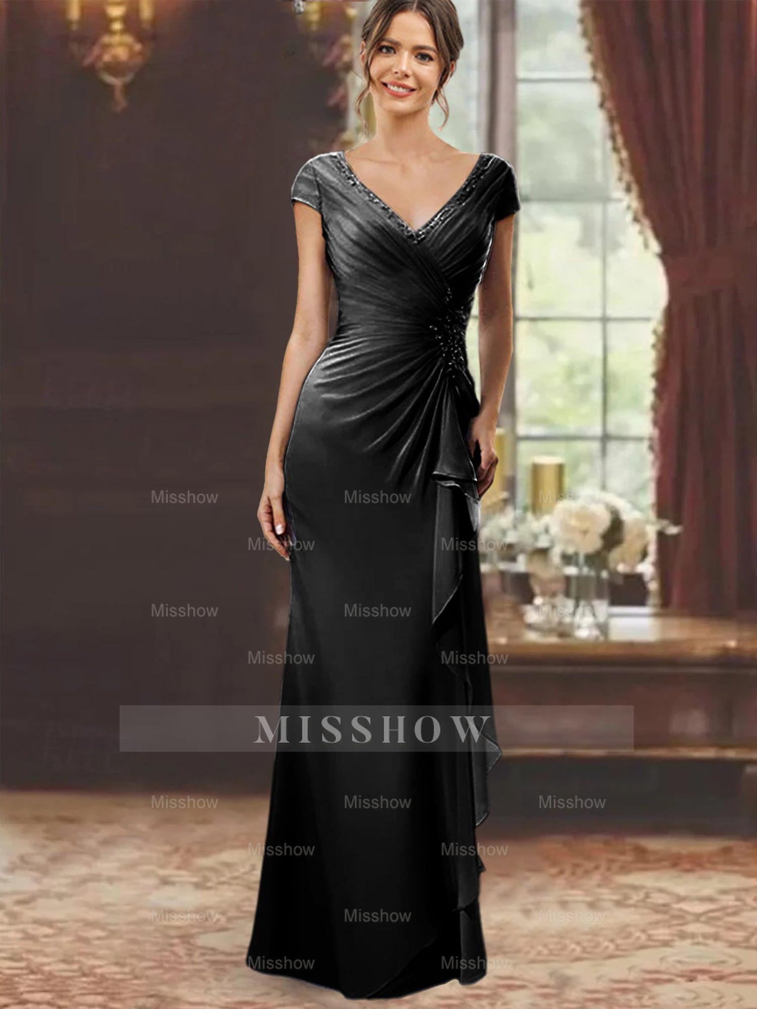 V-Neck Short-Sleeve Floor-Length Sheath Dress for the Mother of the Bride with Ruffles and Appliques