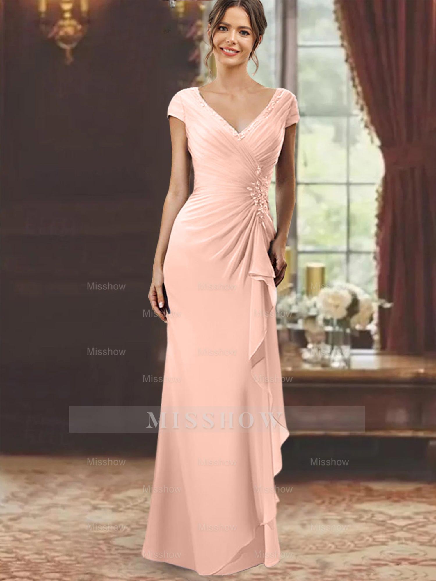 V-Neck Short-Sleeve Floor-Length Sheath Dress for the Mother of the Bride with Ruffles and Appliques