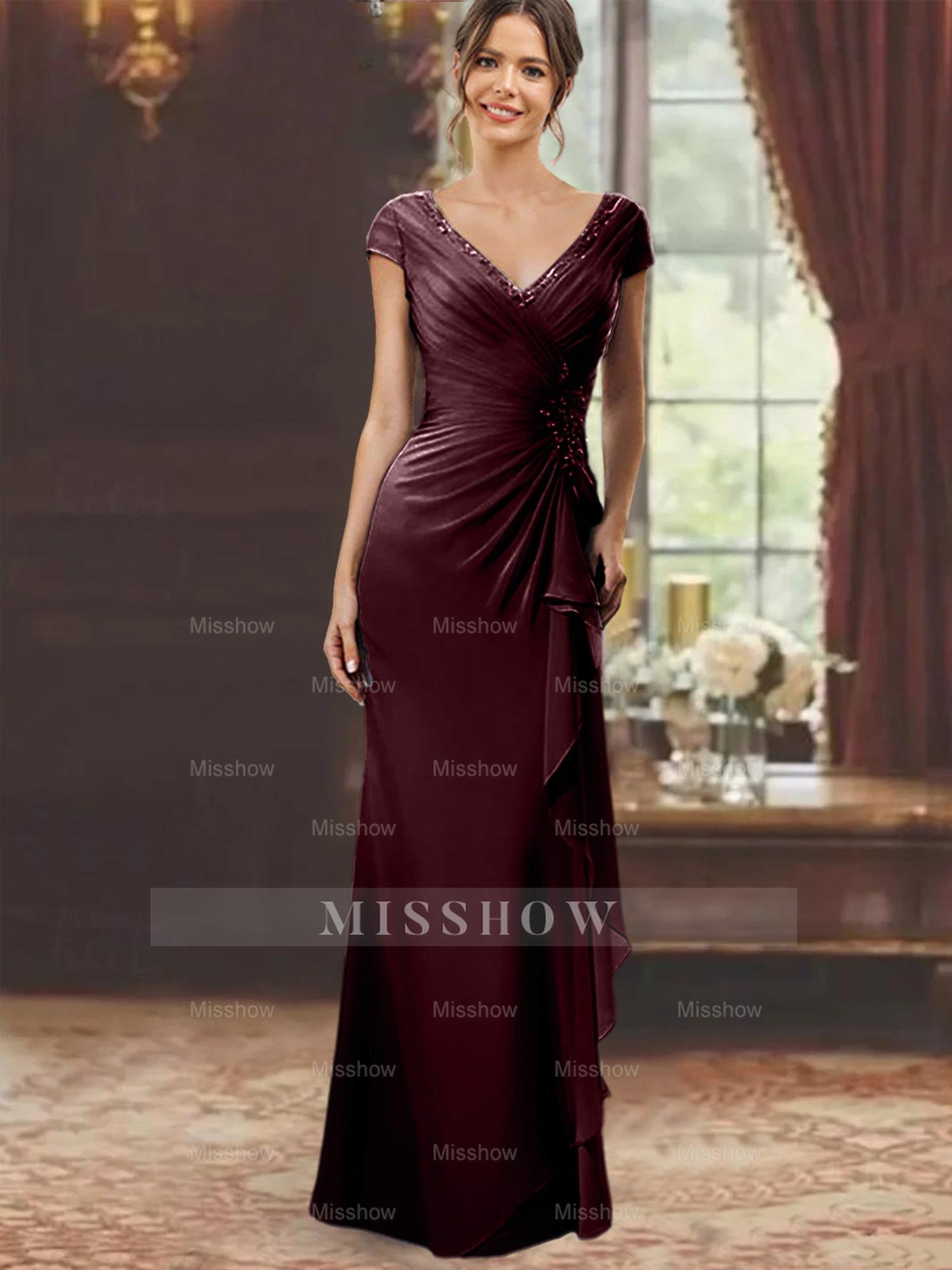 V-Neck Short-Sleeve Floor-Length Sheath Dress for the Mother of the Bride with Ruffles and Appliques