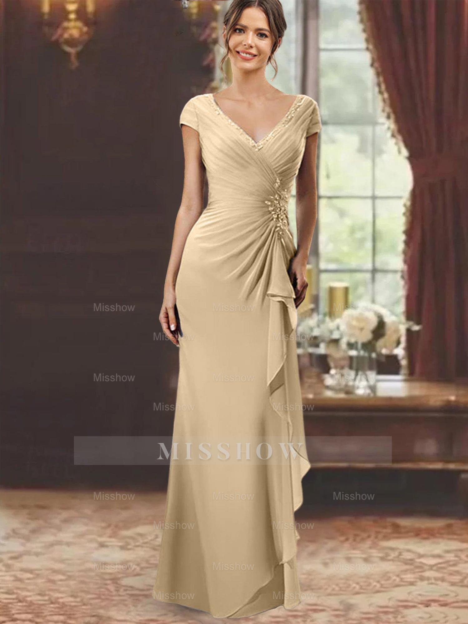 V-Neck Short-Sleeve Floor-Length Sheath Dress for the Mother of the Bride with Ruffles and Appliques