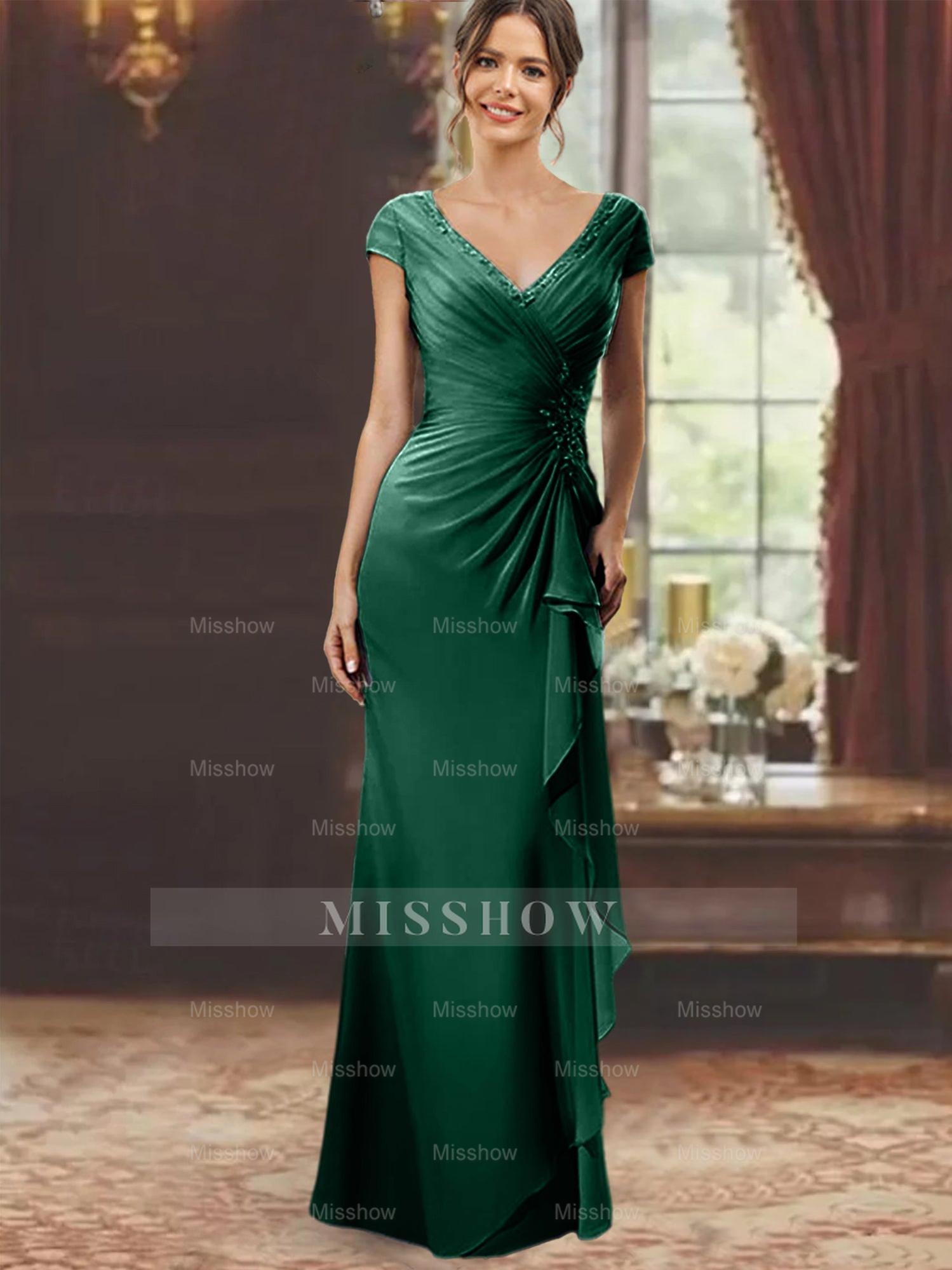 V-Neck Short-Sleeve Floor-Length Sheath Dress for the Mother of the Bride with Ruffles and Appliques