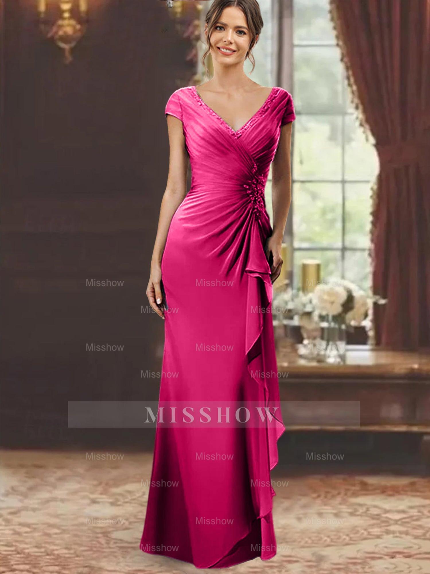 V-Neck Short-Sleeve Floor-Length Sheath Dress for the Mother of the Bride with Ruffles and Appliques