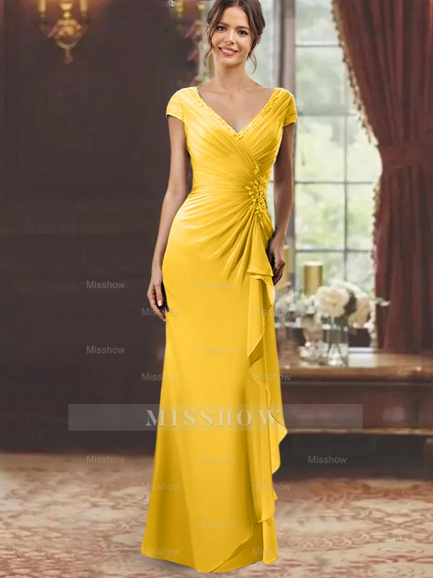V-Neck Short-Sleeve Floor-Length Sheath Dress for the Mother of the Bride with Ruffles and Appliques