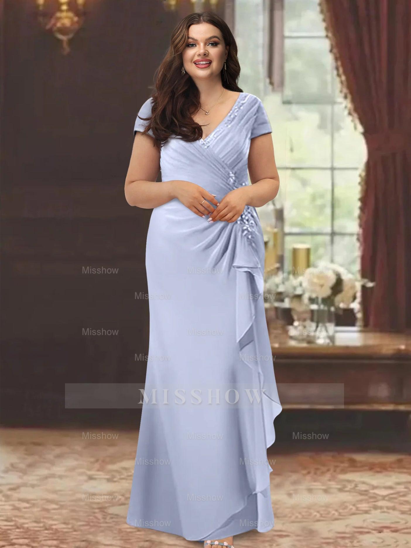 V-Neck Short-Sleeve Floor-Length Sheath Dress for the Mother of the Bride with Ruffles and Appliques