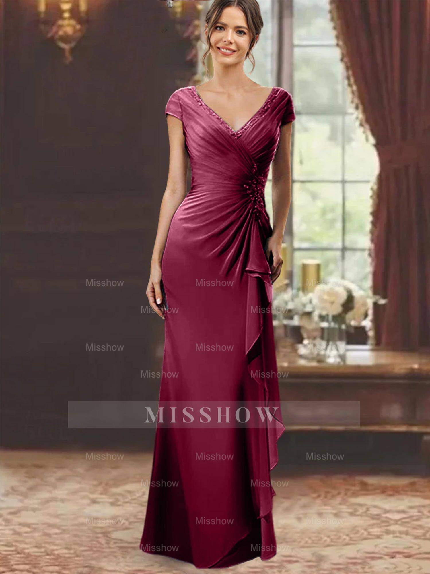 V-Neck Short-Sleeve Floor-Length Sheath Dress for the Mother of the Bride with Ruffles and Appliques