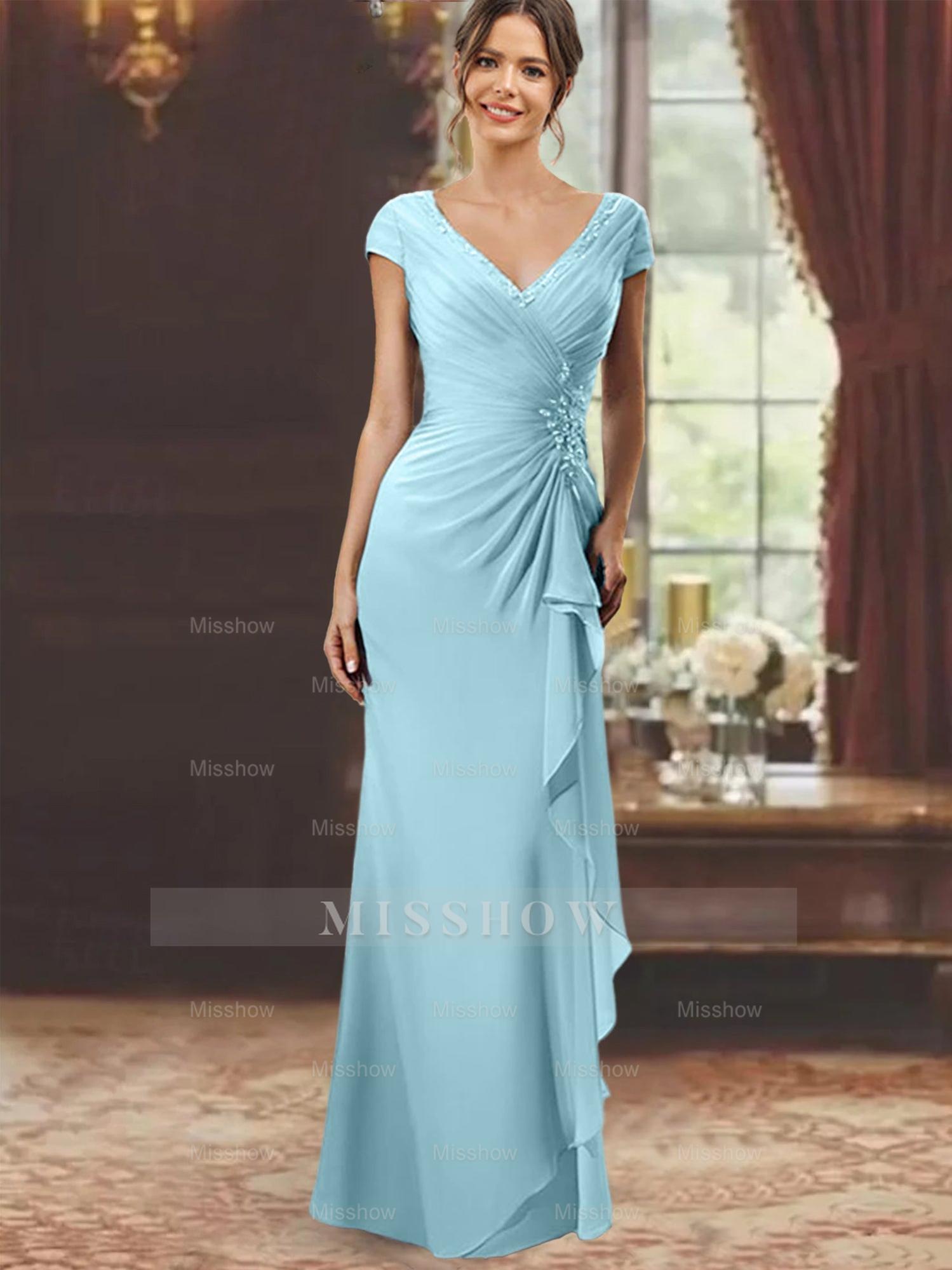 V-Neck Short-Sleeve Floor-Length Sheath Dress for the Mother of the Bride with Ruffles and Appliques