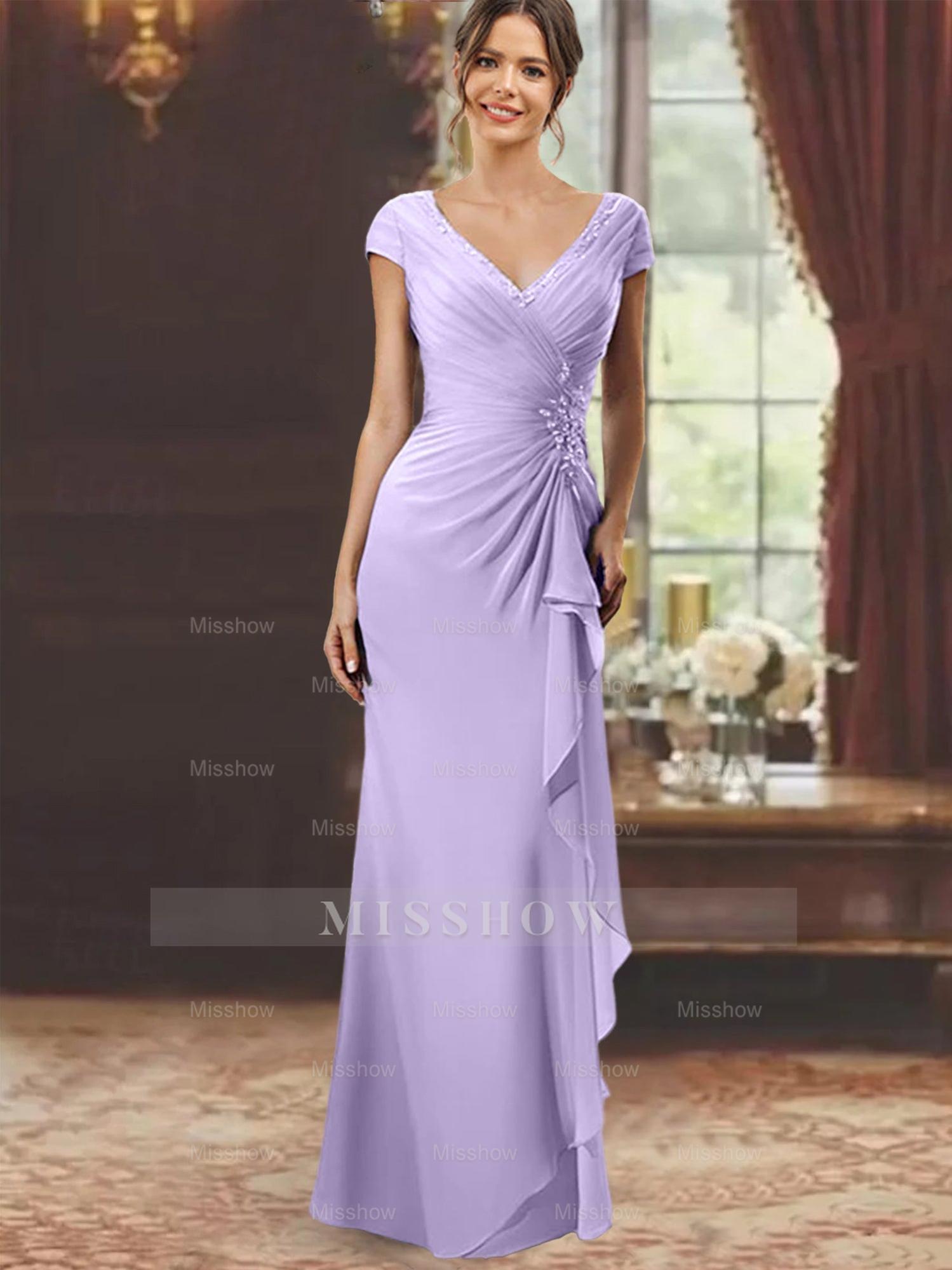 V-Neck Short-Sleeve Floor-Length Sheath Dress for the Mother of the Bride with Ruffles and Appliques