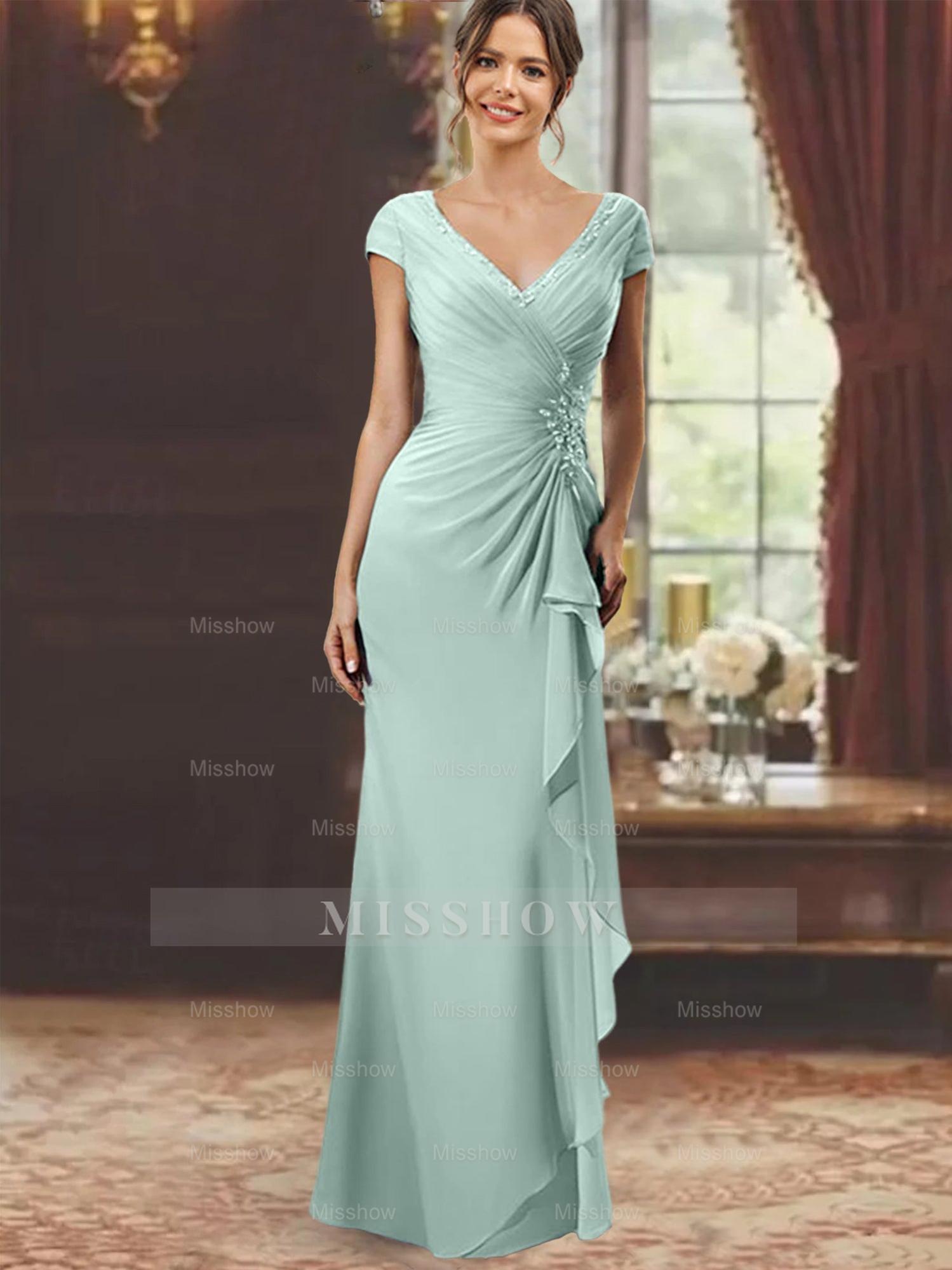 V-Neck Short-Sleeve Floor-Length Sheath Dress for the Mother of the Bride with Ruffles and Appliques