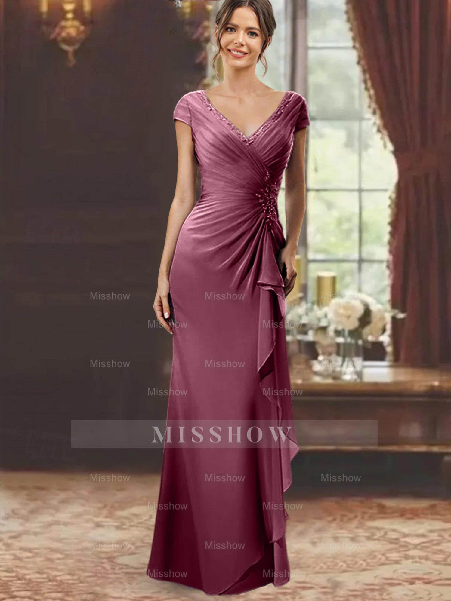 V-Neck Short-Sleeve Floor-Length Sheath Dress for the Mother of the Bride with Ruffles and Appliques