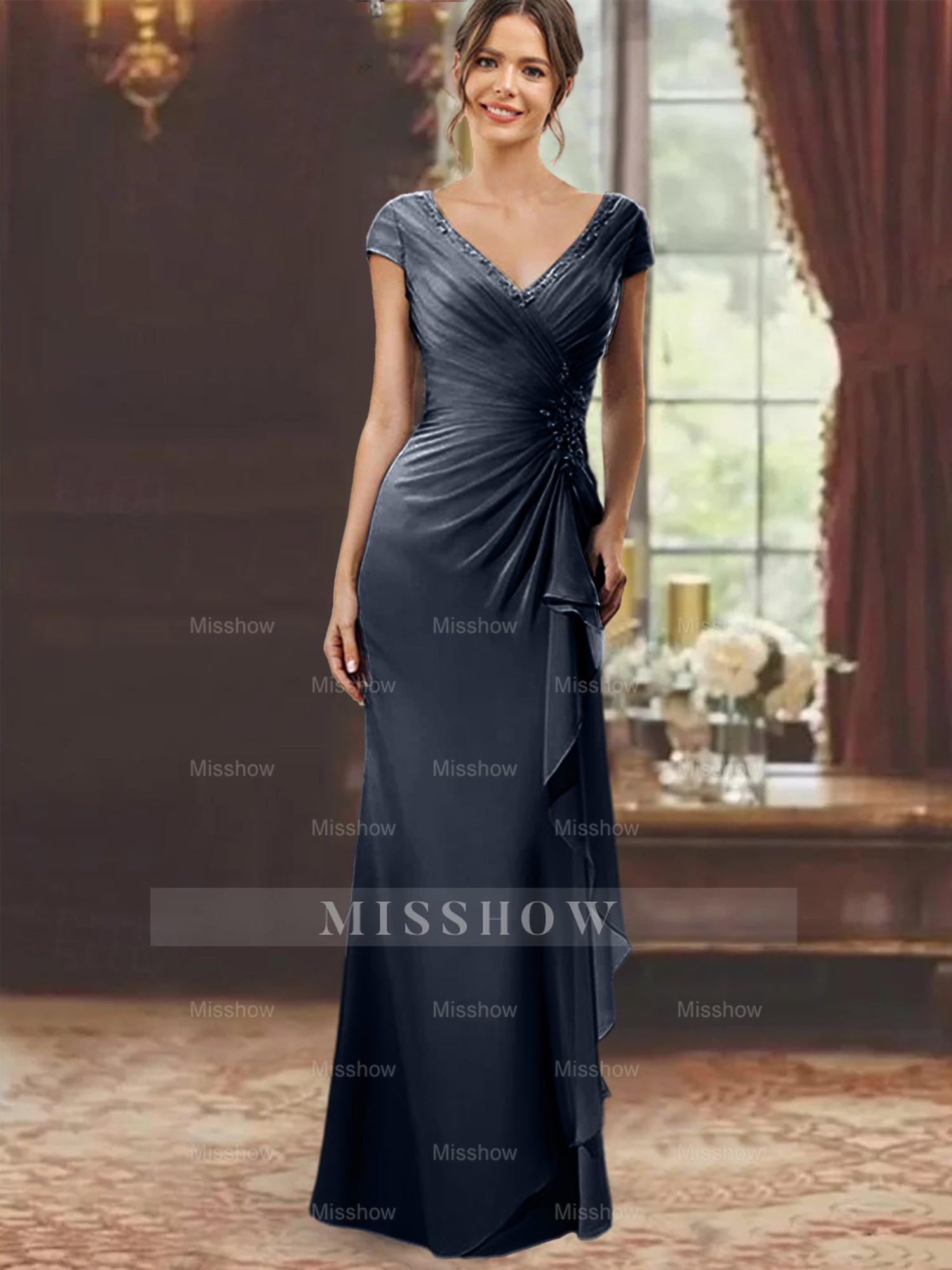 V-Neck Short-Sleeve Floor-Length Sheath Dress for the Mother of the Bride with Ruffles and Appliques