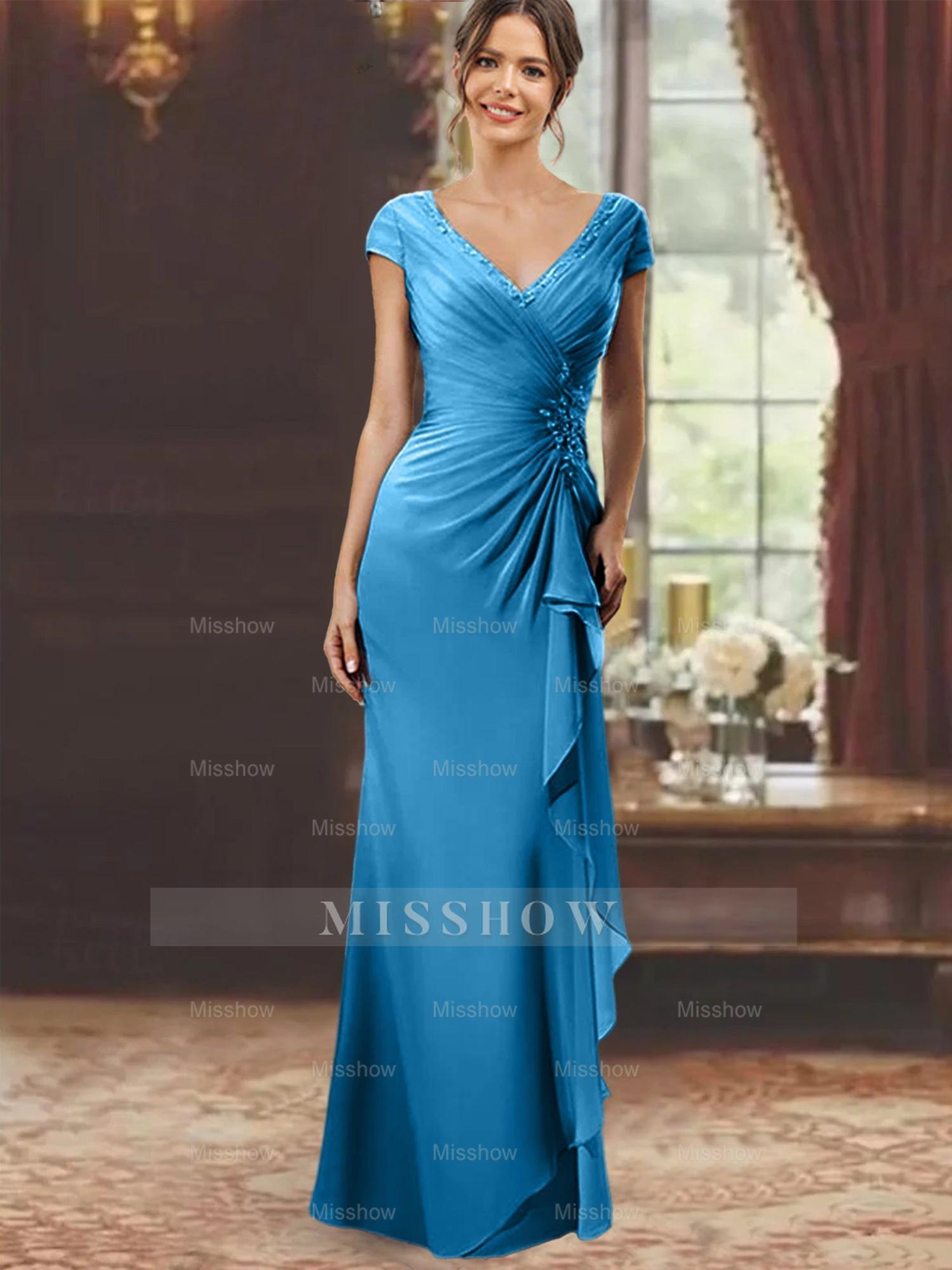 V-Neck Short-Sleeve Floor-Length Sheath Dress for the Mother of the Bride with Ruffles and Appliques