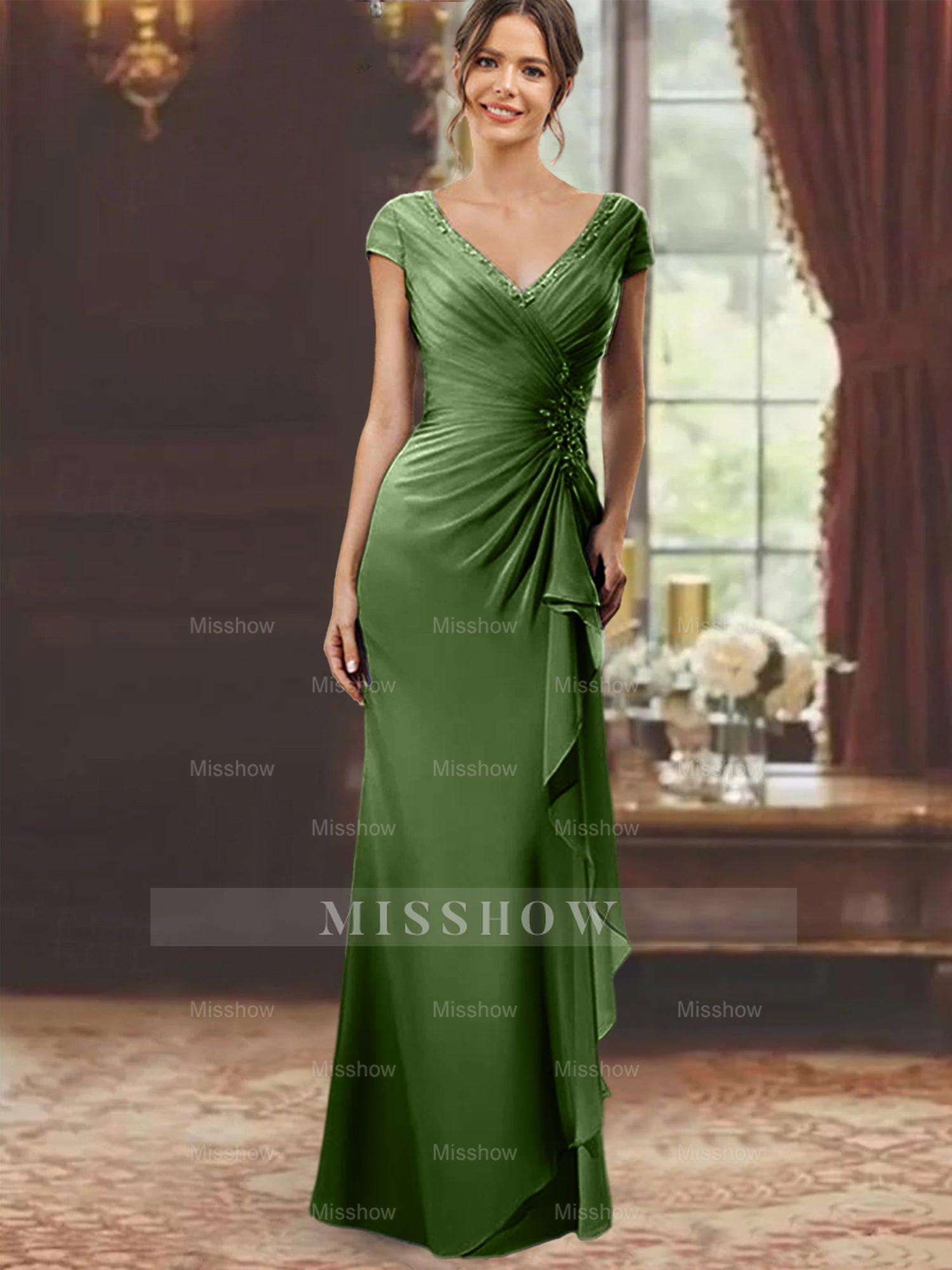 V-Neck Short-Sleeve Floor-Length Sheath Dress for the Mother of the Bride with Ruffles and Appliques