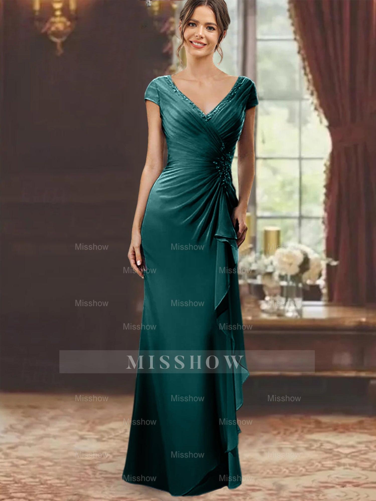 V-Neck Short-Sleeve Floor-Length Sheath Dress for the Mother of the Bride with Ruffles and Appliques
