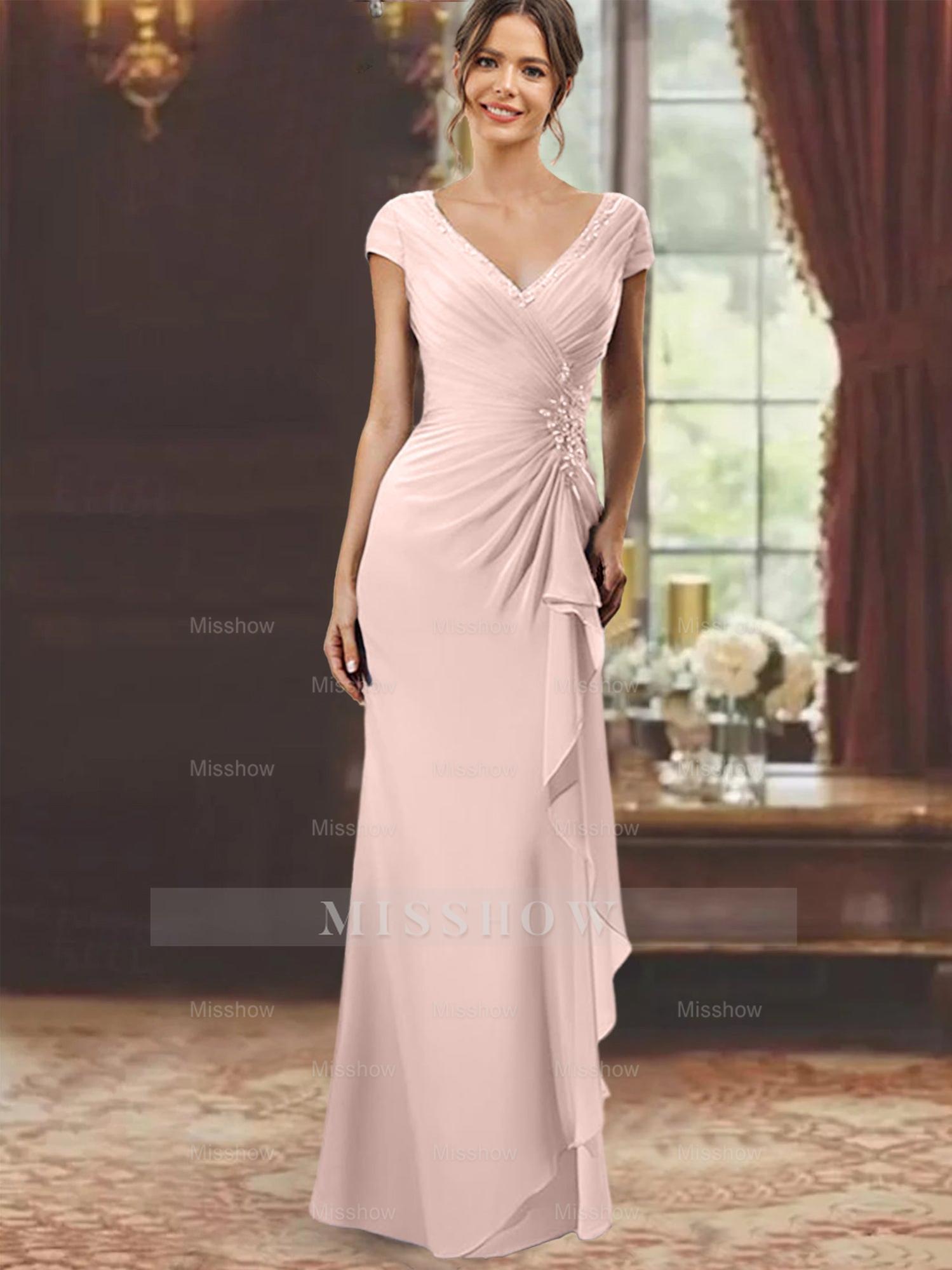V-Neck Short-Sleeve Floor-Length Sheath Dress for the Mother of the Bride with Ruffles and Appliques