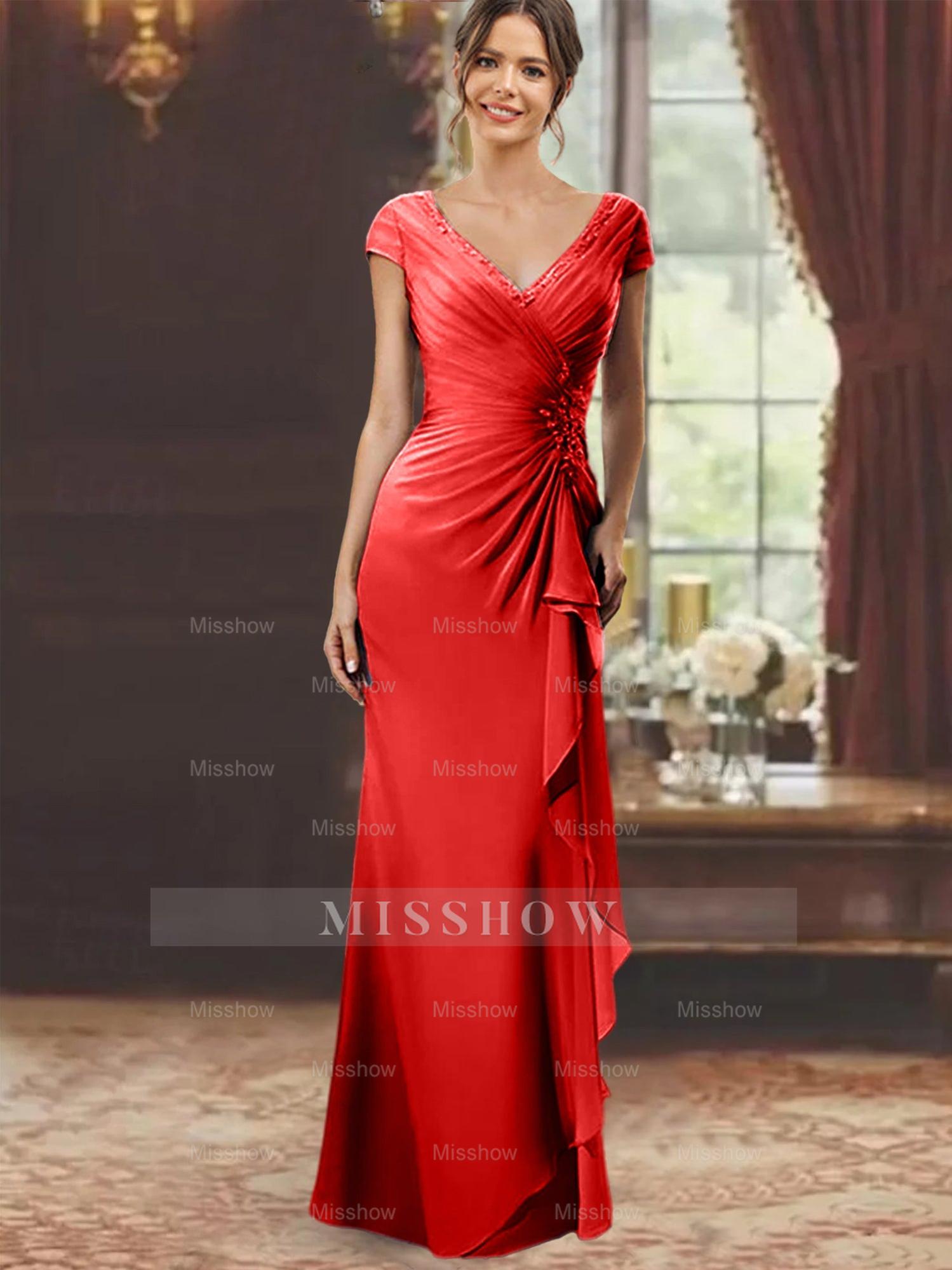 V-Neck Short-Sleeve Floor-Length Sheath Dress for the Mother of the Bride with Ruffles and Appliques