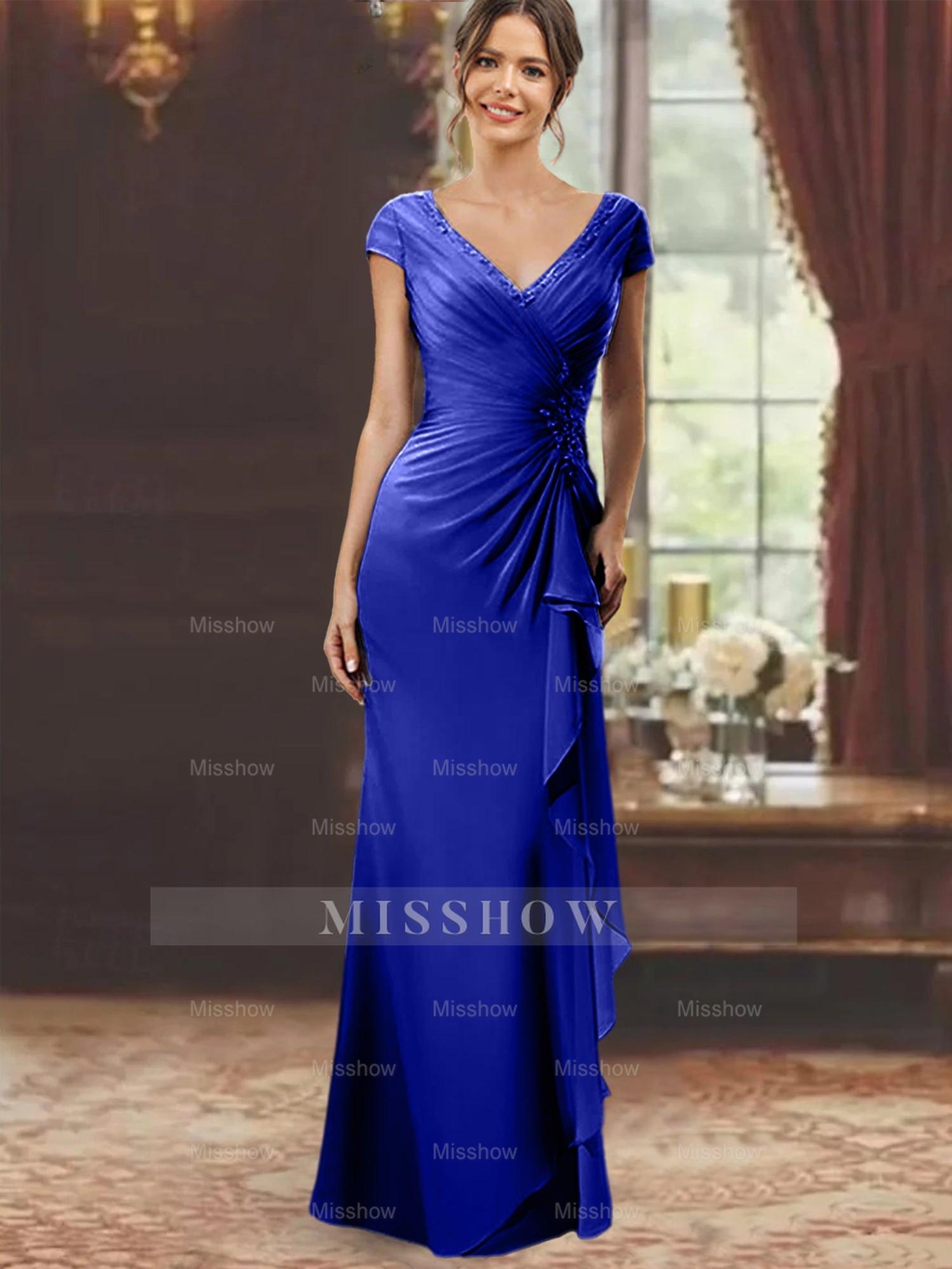 V-Neck Short-Sleeve Floor-Length Sheath Dress for the Mother of the Bride with Ruffles and Appliques