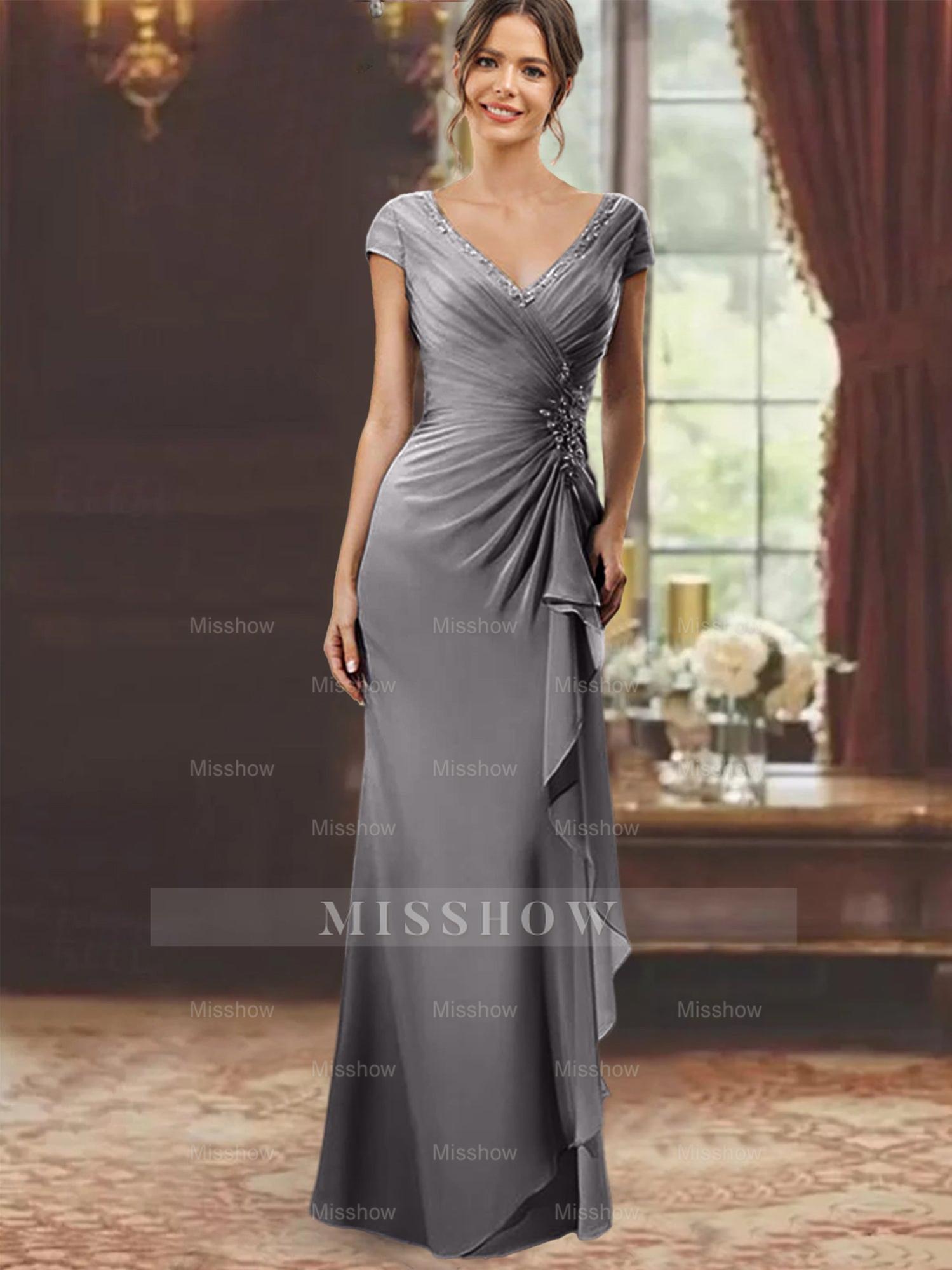 V-Neck Short-Sleeve Floor-Length Sheath Dress for the Mother of the Bride with Ruffles and Appliques