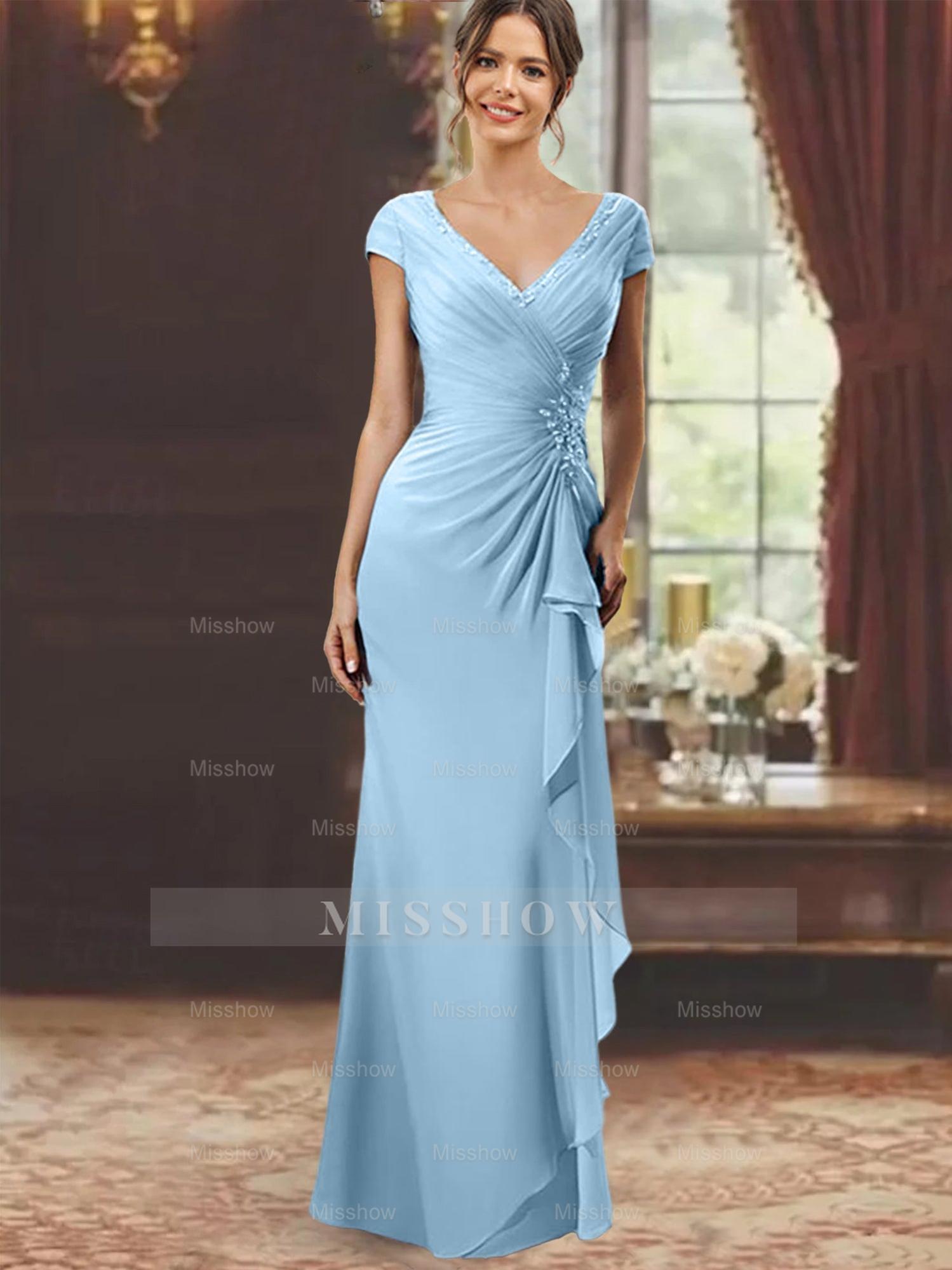 V-Neck Short-Sleeve Floor-Length Sheath Dress for the Mother of the Bride with Ruffles and Appliques