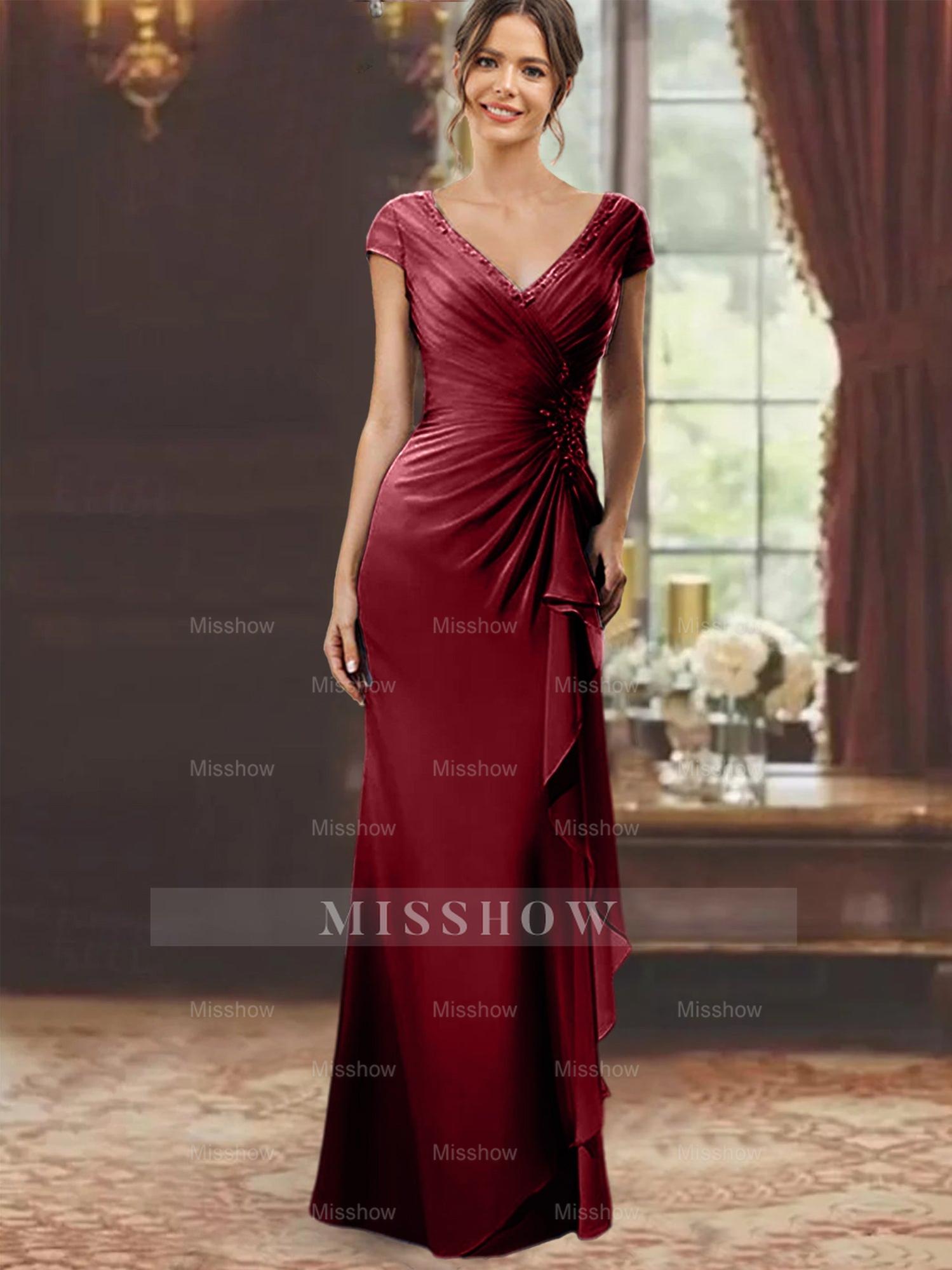 V-Neck Short-Sleeve Floor-Length Sheath Dress for the Mother of the Bride with Ruffles and Appliques