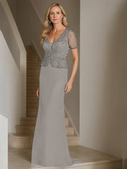 V-Neck Short Sleeve Floor-Length Sheath Dress for the Mother of the Bride