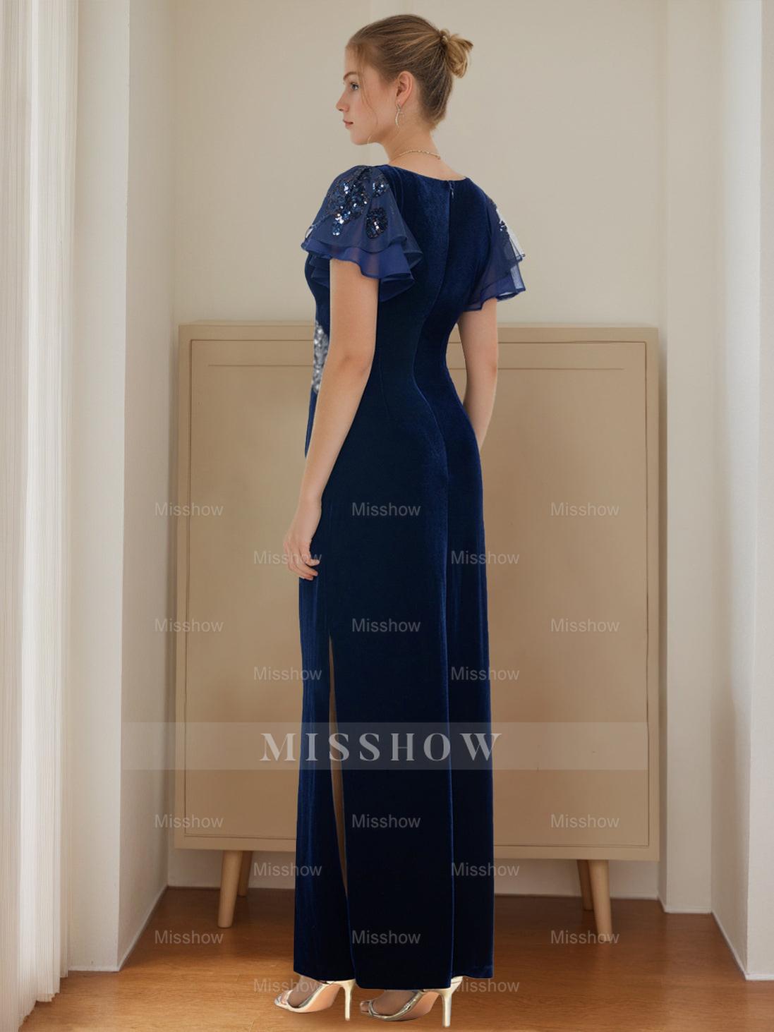 V-Neck Short Sleeve Floor-Length Velvet Sheath Dress with Ruffles and Appliques for the Mother of the Bride