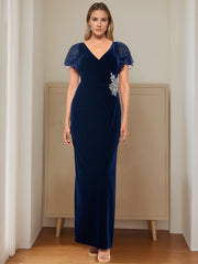 V-Neck Short Sleeve Floor-Length Velvet Sheath Dress with Ruffles and Appliques for the Mother of the Bride