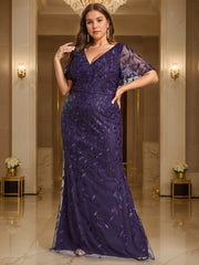 V-Neck Short-Sleeve Plus Size Floor-Length Sheath Dress with Sequins for the Mother of the Bride