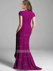 V-Neck Short Sleeve Plus Size Mother of the Bride Floor-Length Sheath Dress with Side Split